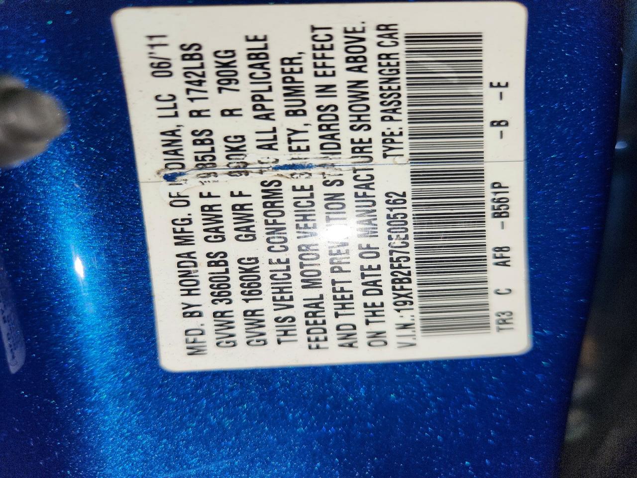 2012 Honda Civic Lx Blue vin: 19XFB2F57CE005162