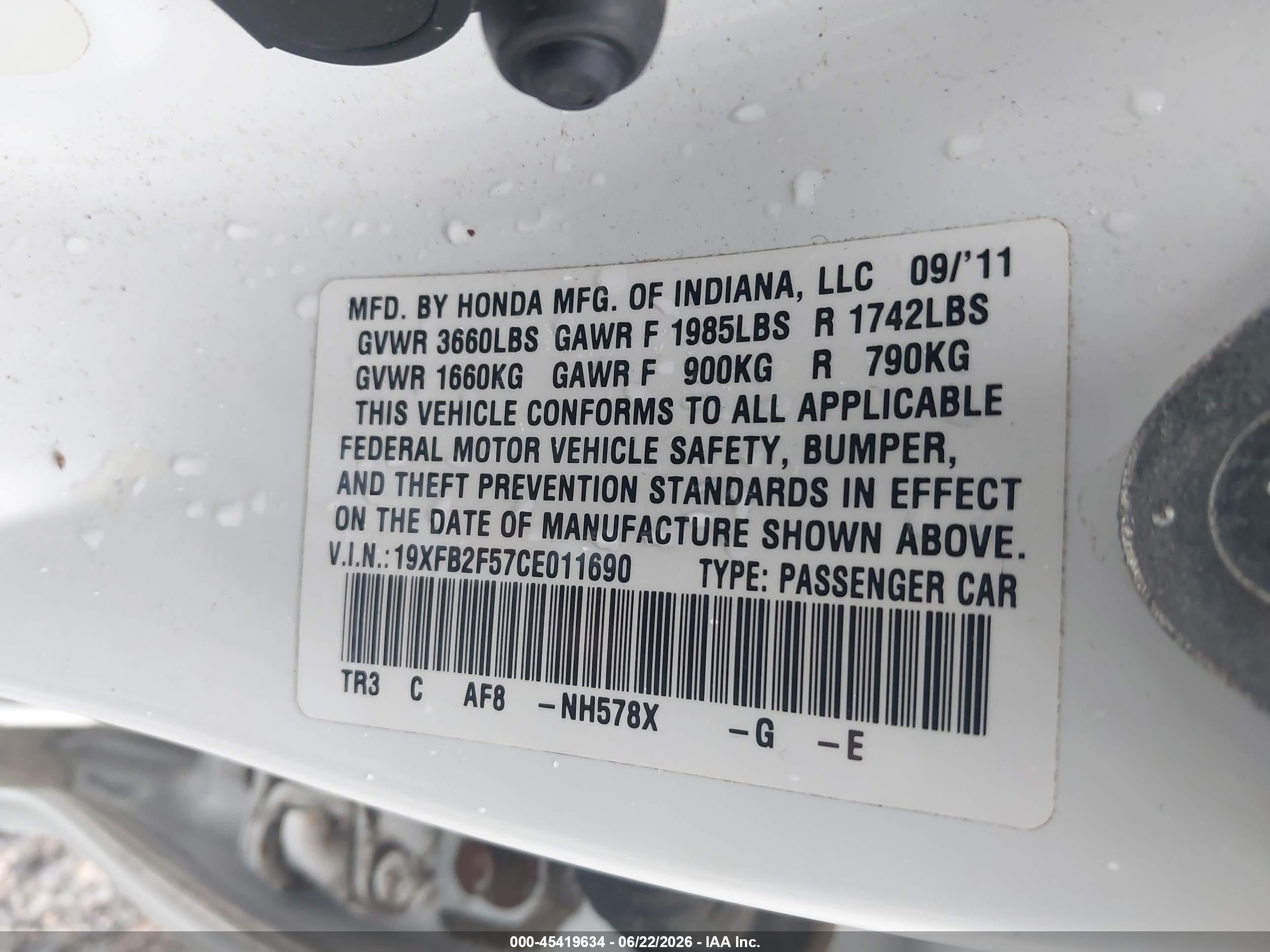 2012 Honda Civic Lx White vin: 19XFB2F57CE011690