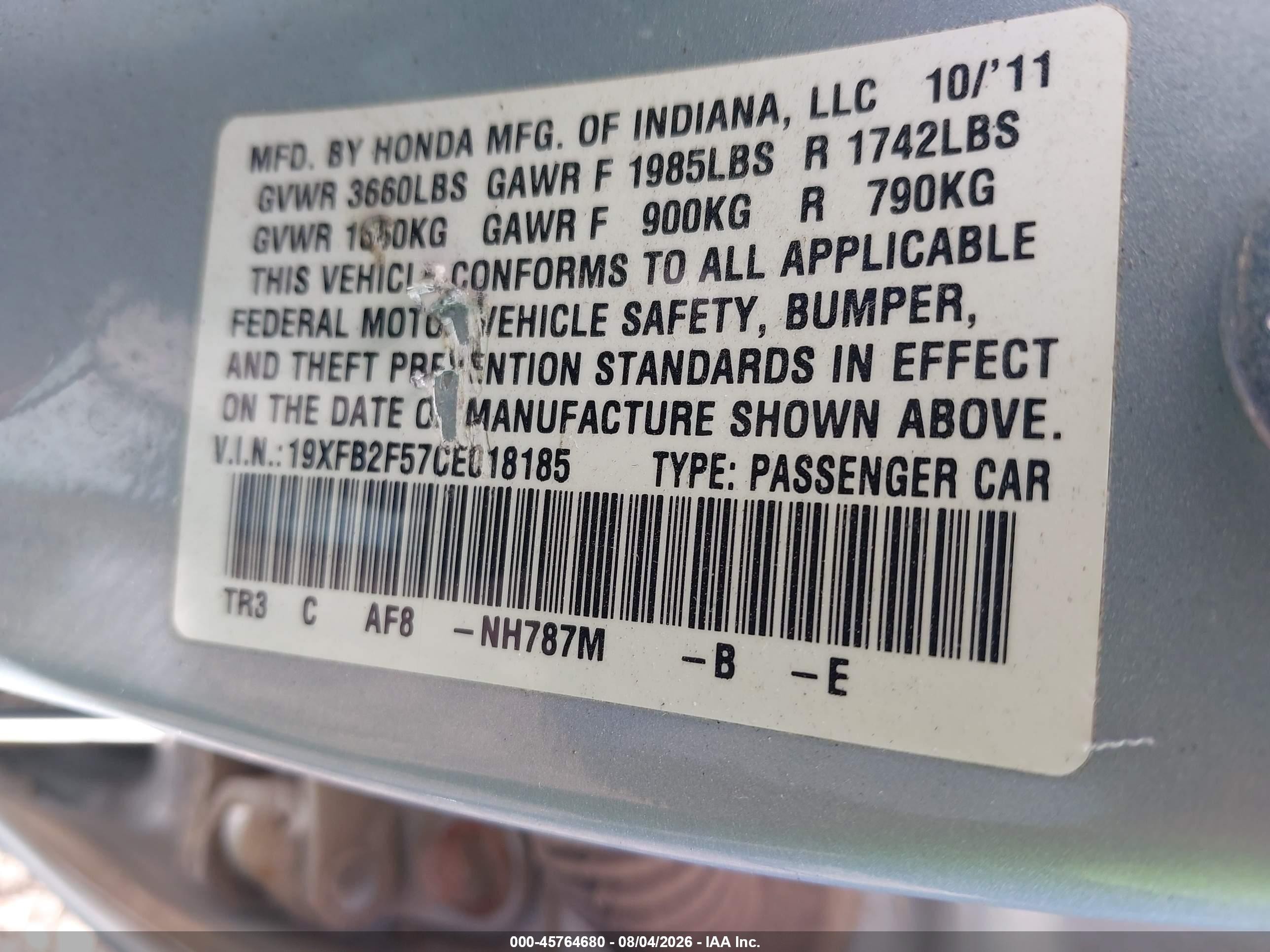 2012 Honda Civic Lx Blue vin: 19XFB2F57CE018185