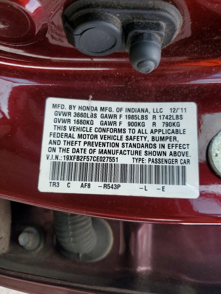 2012 Honda Civic Lx Red vin: 19XFB2F57CE027551