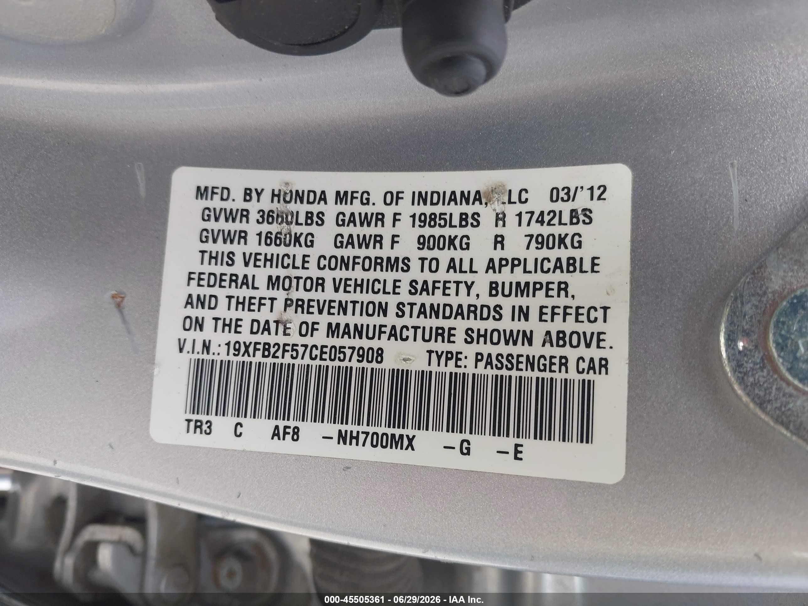 2012 Honda Civic Lx Серебряный vin: 19XFB2F57CE057908