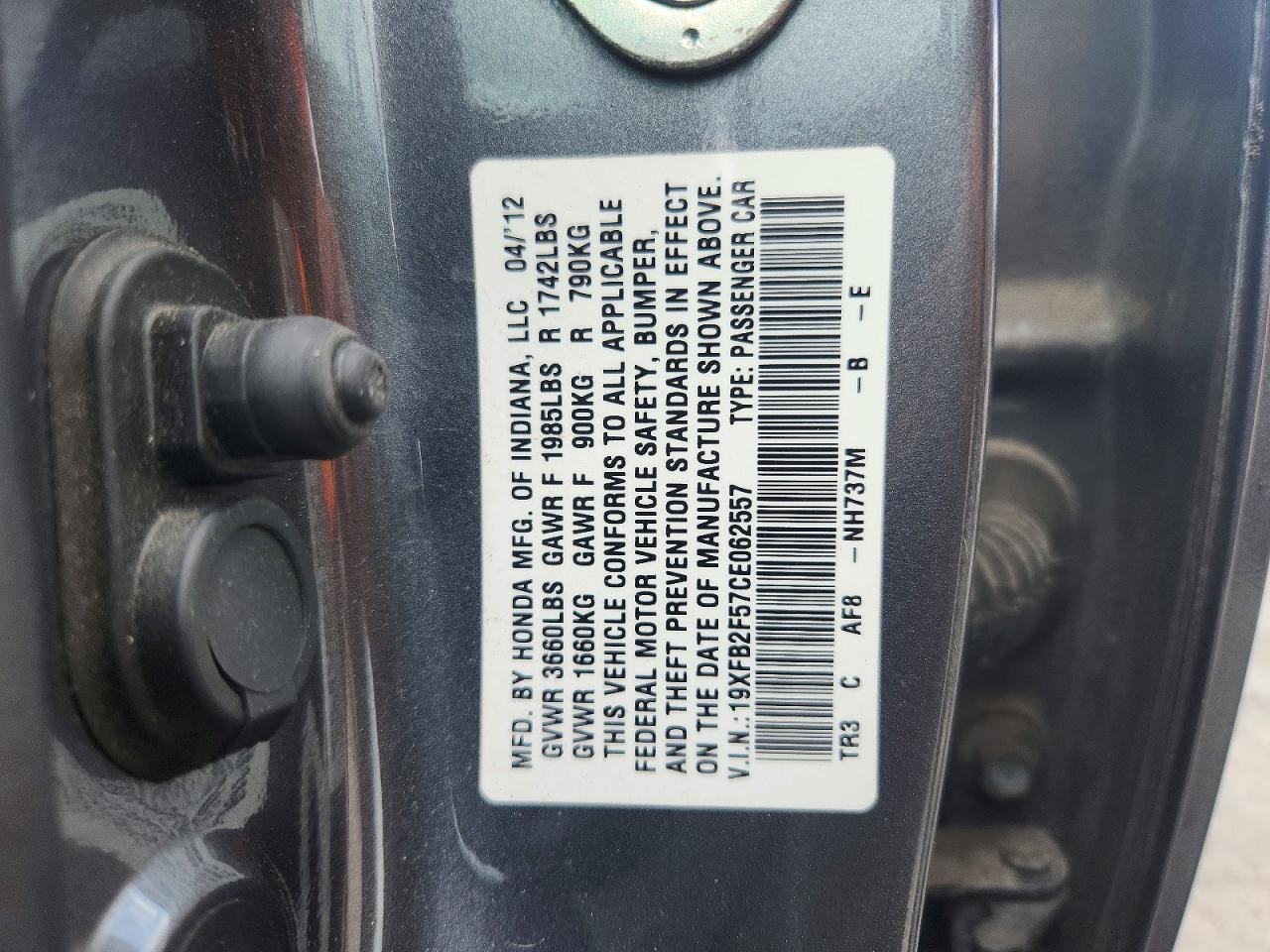 2012 Honda Civic Lx Gray vin: 19XFB2F57CE062557