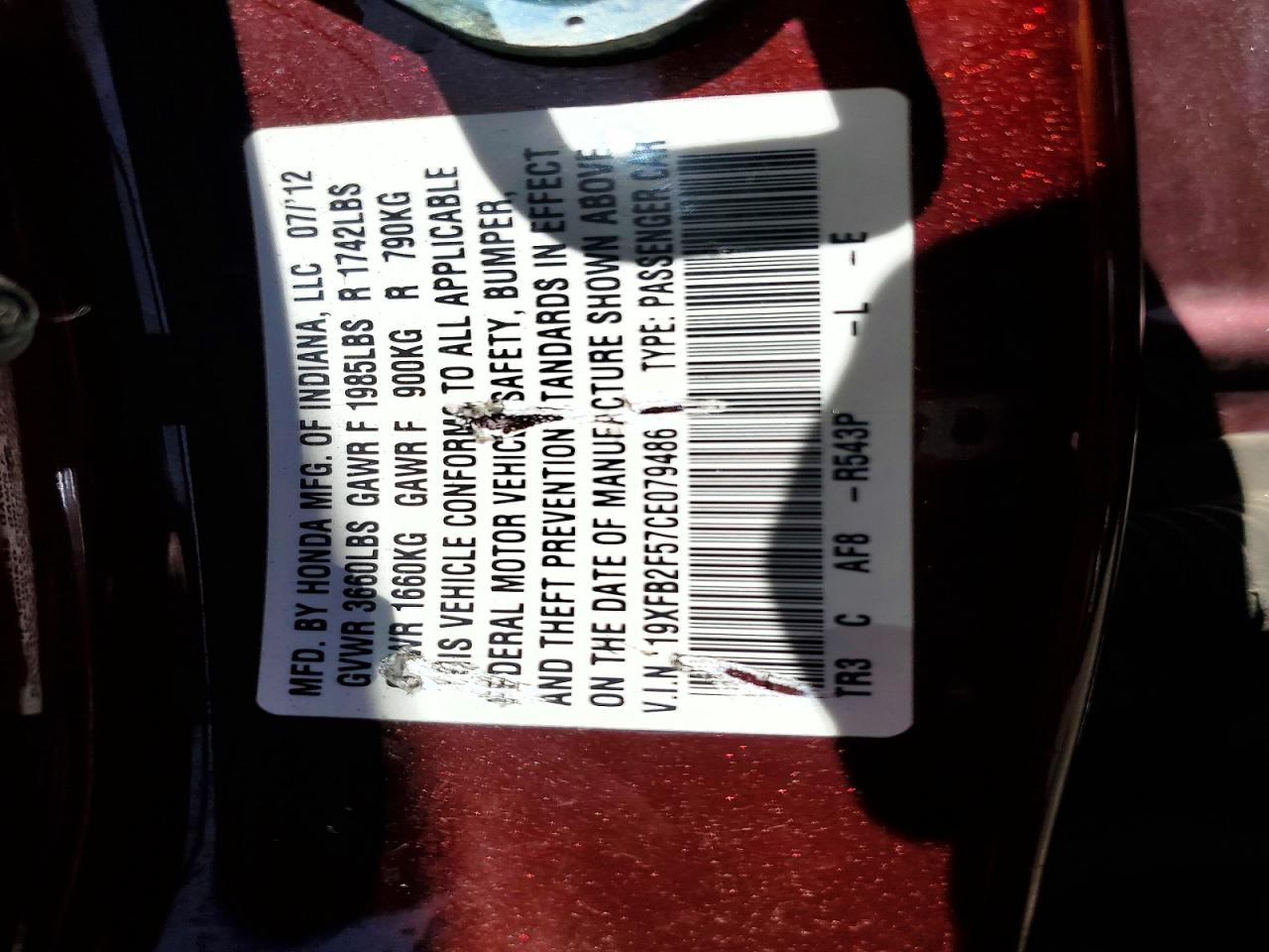 2012 Honda Civic Lx Burgundy vin: 19XFB2F57CE079486