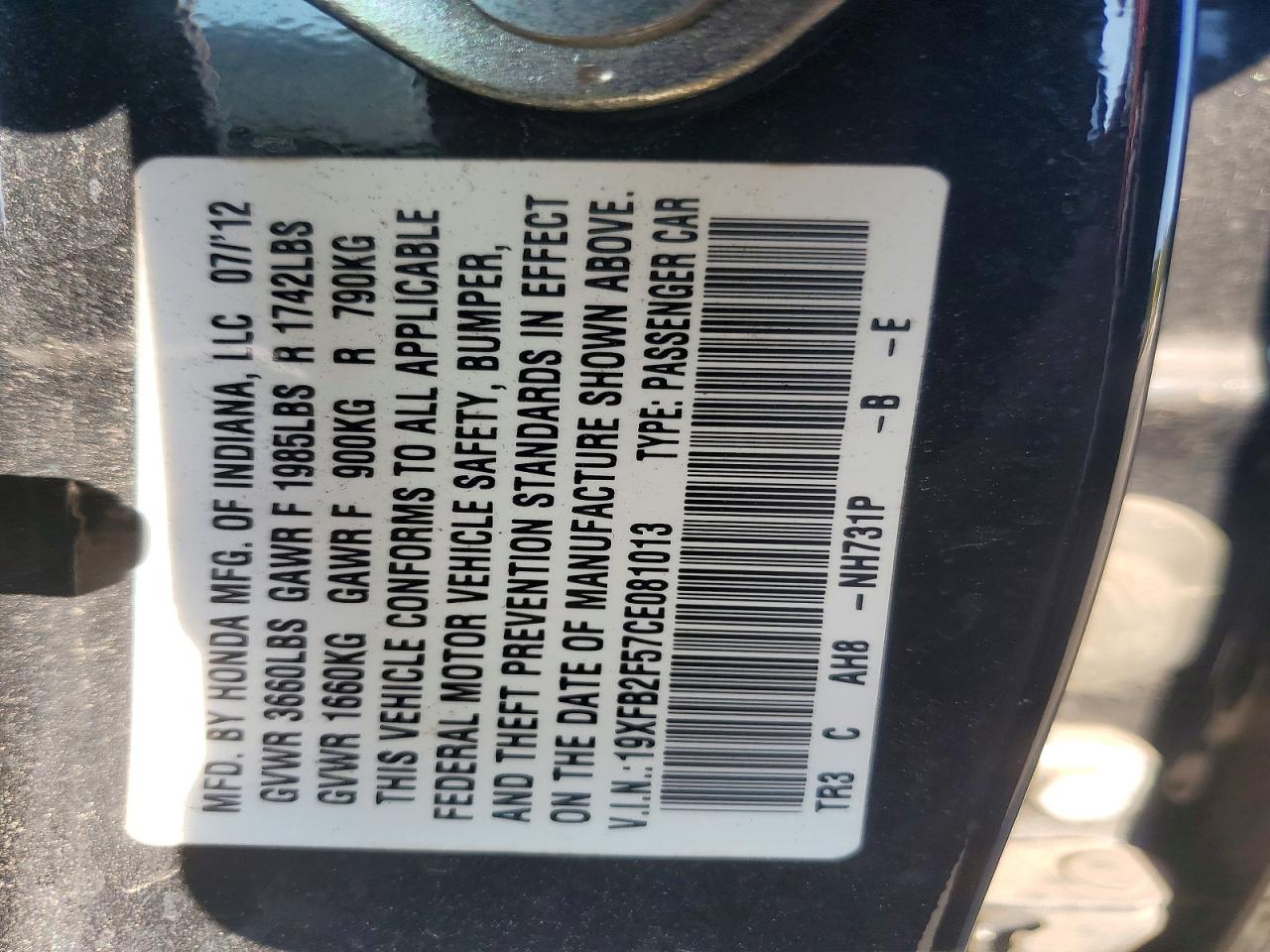 2012 Honda Civic Lx Black vin: 19XFB2F57CE081013