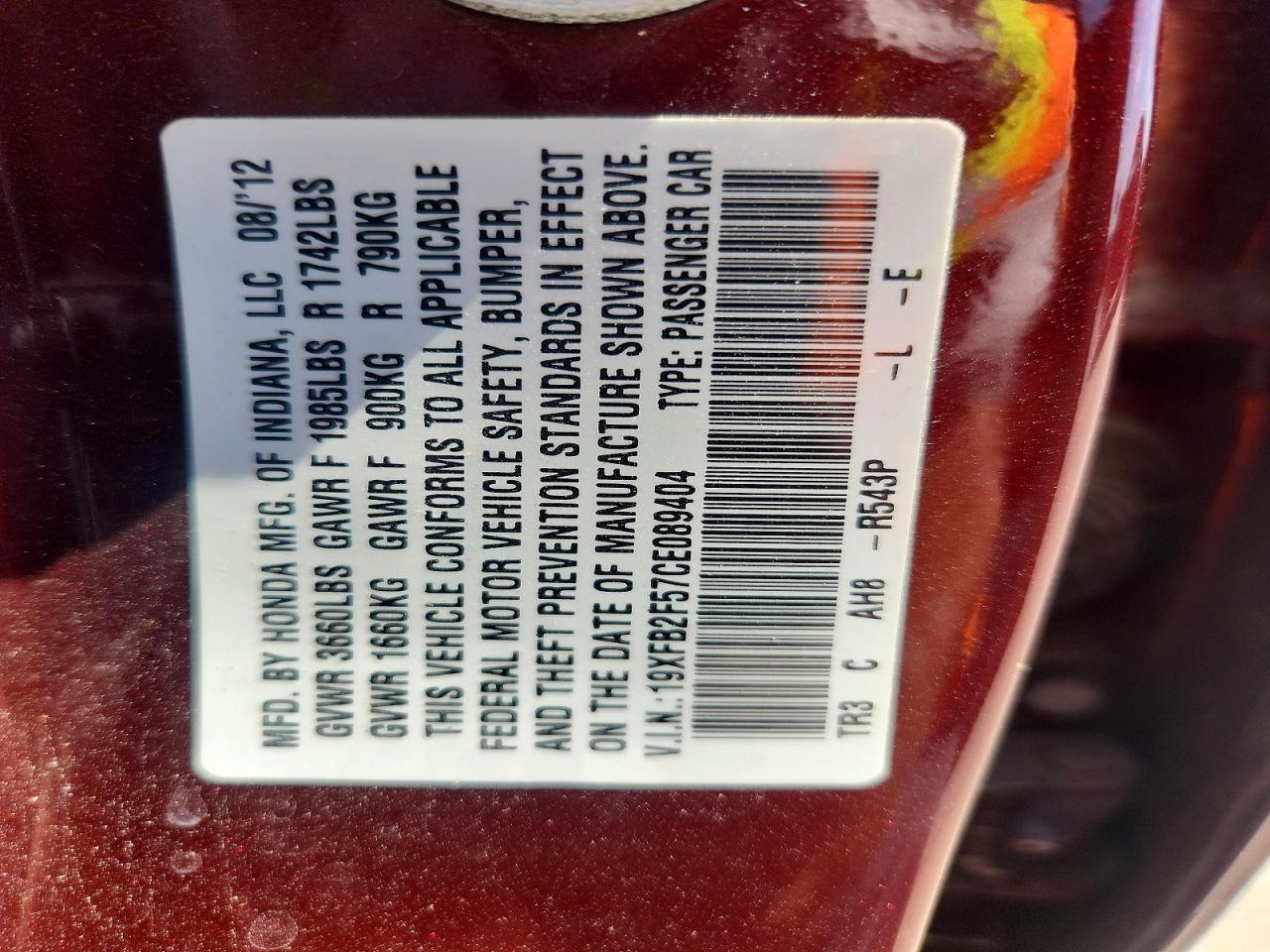2012 Honda Civic Lx Maroon vin: 19XFB2F57CE089404