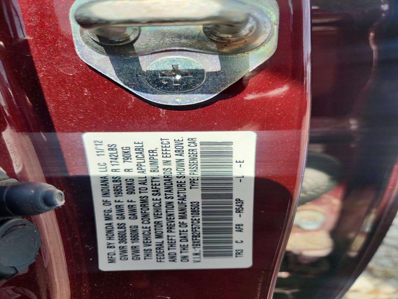 2012 Honda Civic Lx Бордовый vin: 19XFB2F57CE108503