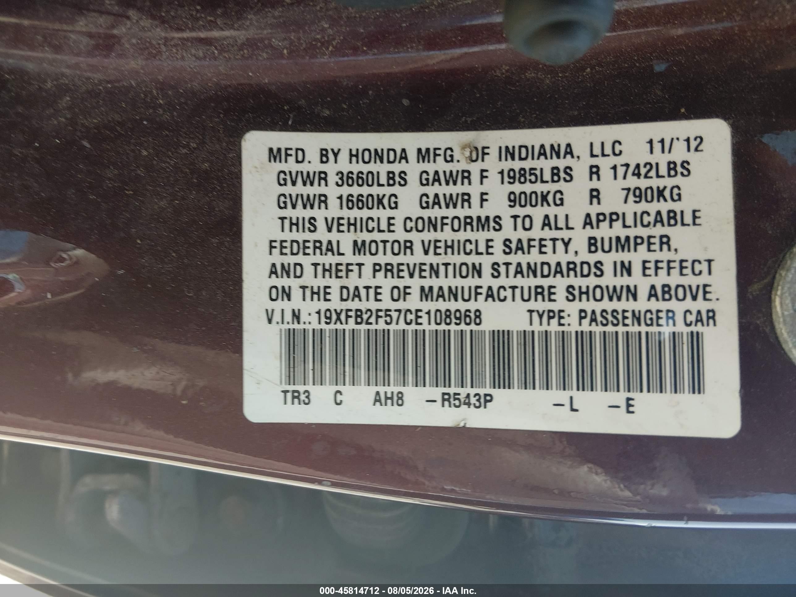 2012 Honda Civic Lx Burgundy vin: 19XFB2F57CE108968