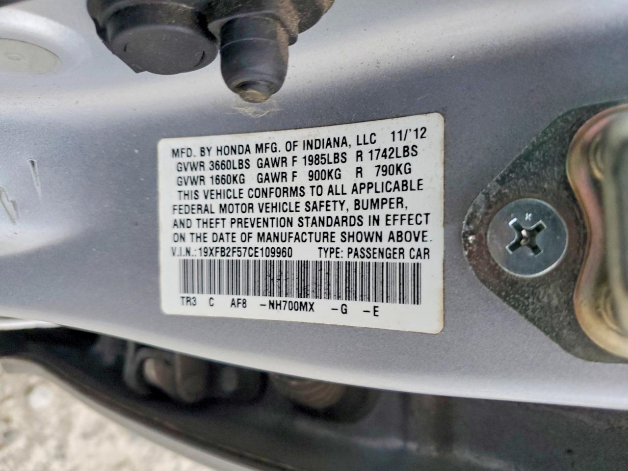 2012 Honda Civic Lx Silver vin: 19XFB2F57CE109960