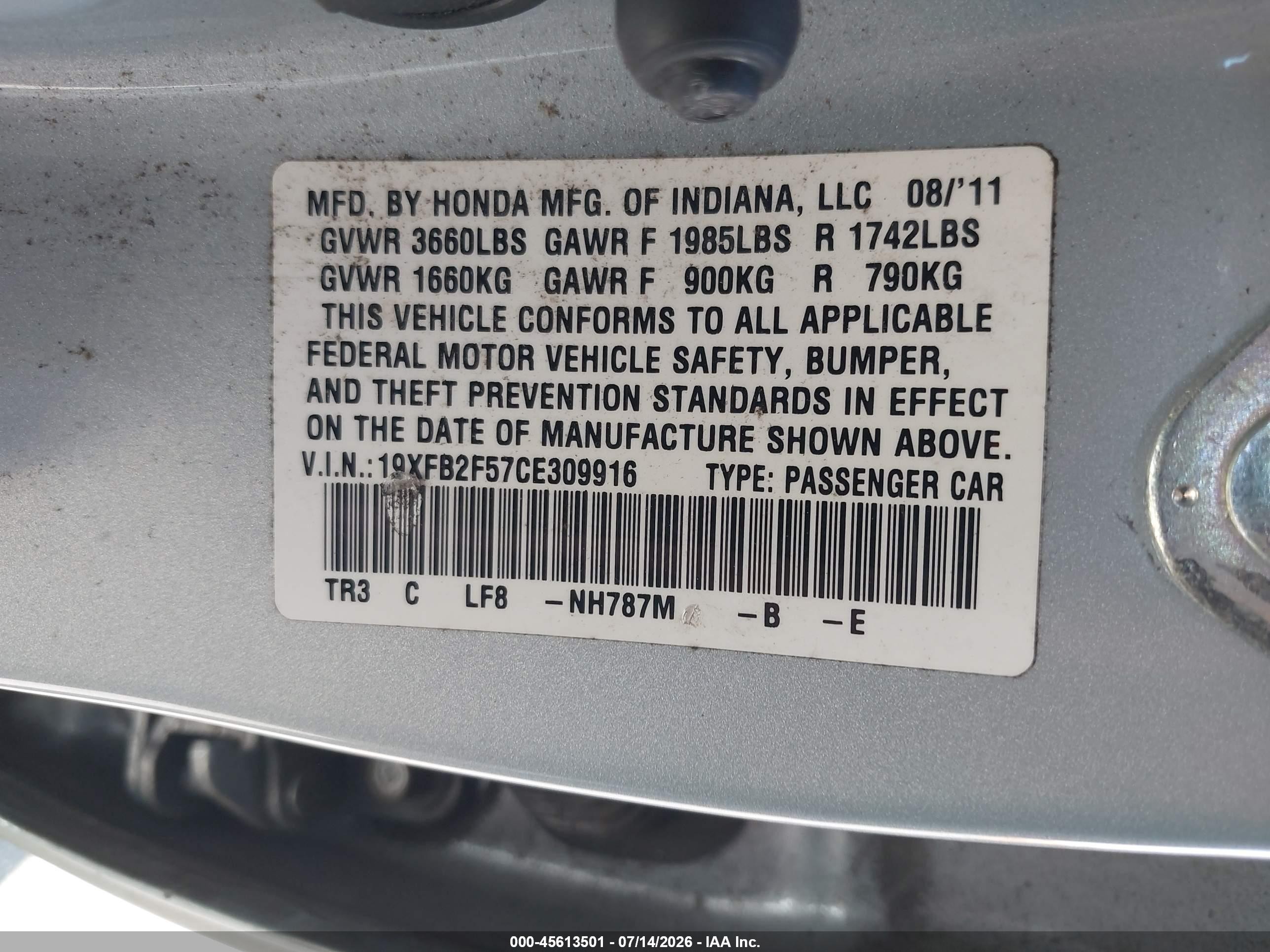 2012 Honda Civic Lx Silver vin: 19XFB2F57CE309916