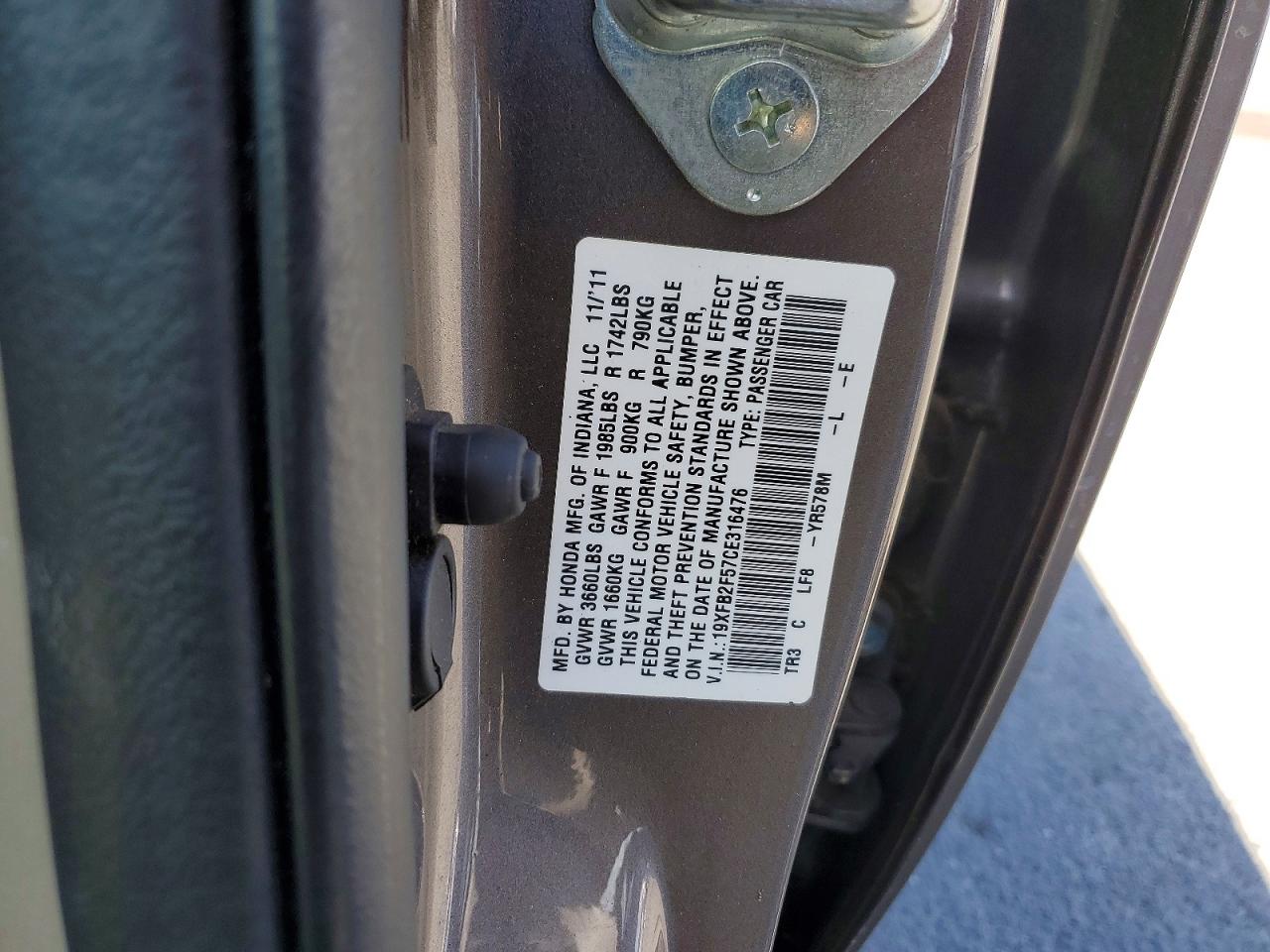 2012 Honda Civic Lx Gray vin: 19XFB2F57CE316476