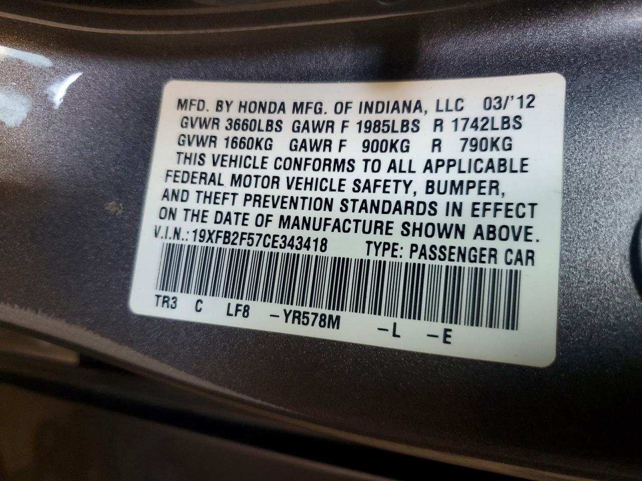 2012 Honda Civic Lx Gray vin: 19XFB2F57CE343418