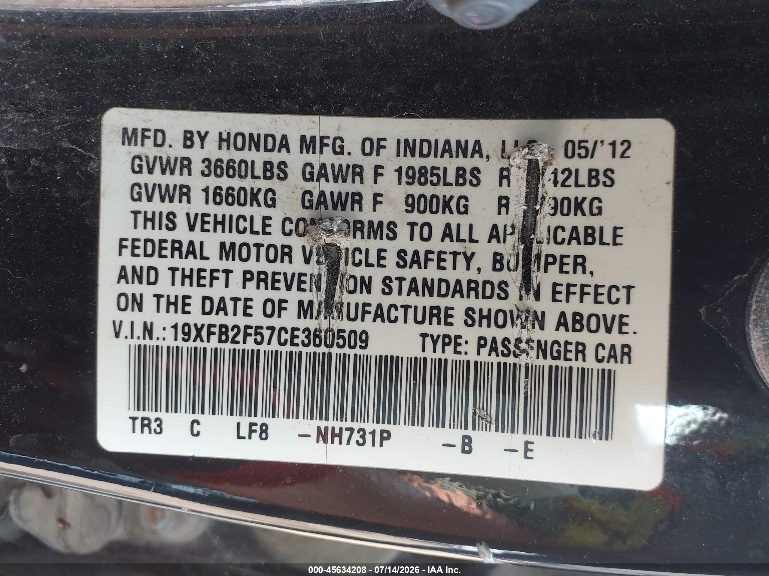 2012 Honda Civic Lx Black vin: 19XFB2F57CE360509