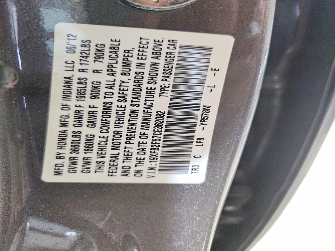 2012 Honda Civic Lx Gray vin: 19XFB2F57CE362082