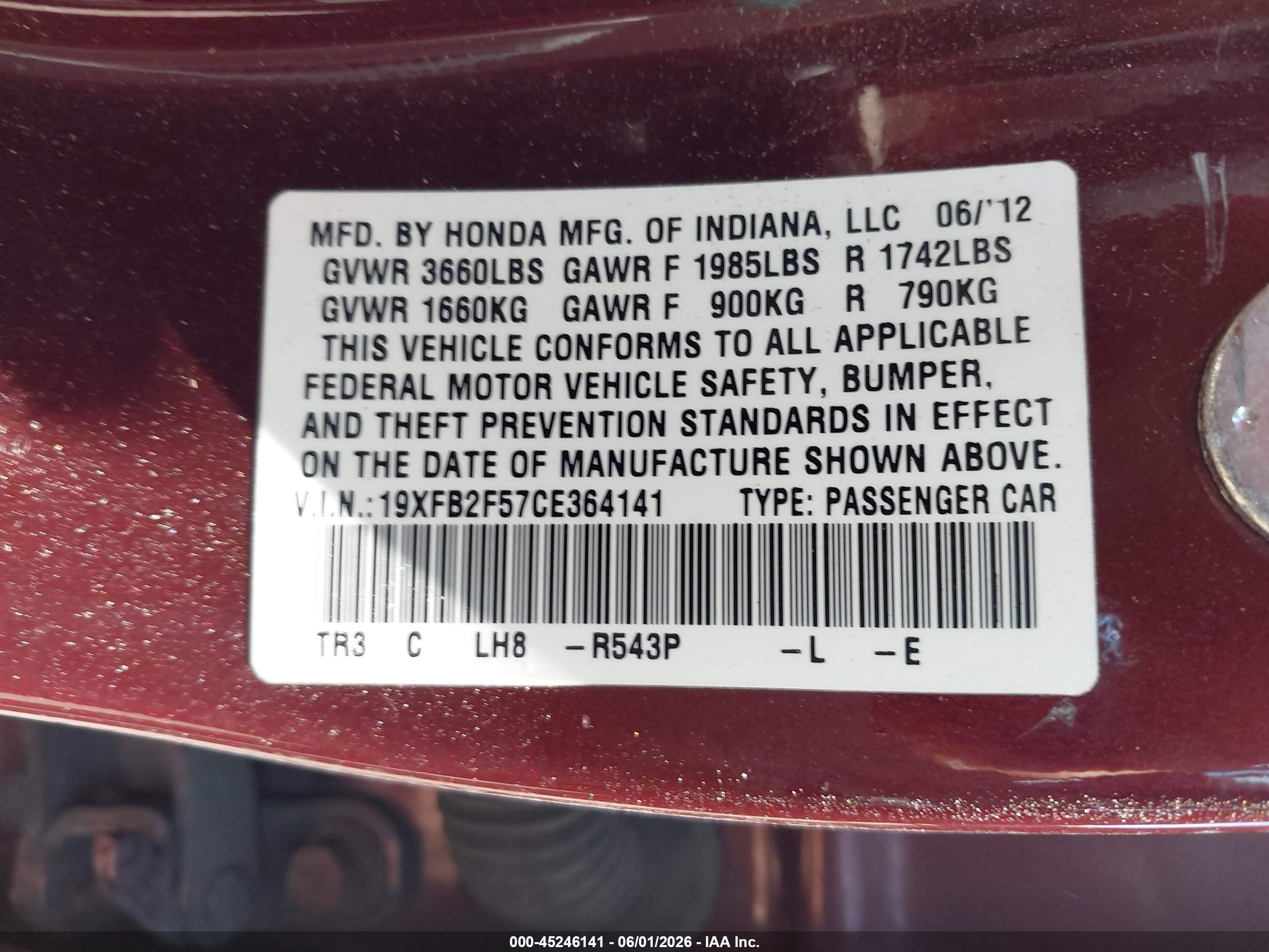 2012 Honda Civic Lx Красный vin: 19XFB2F57CE364141