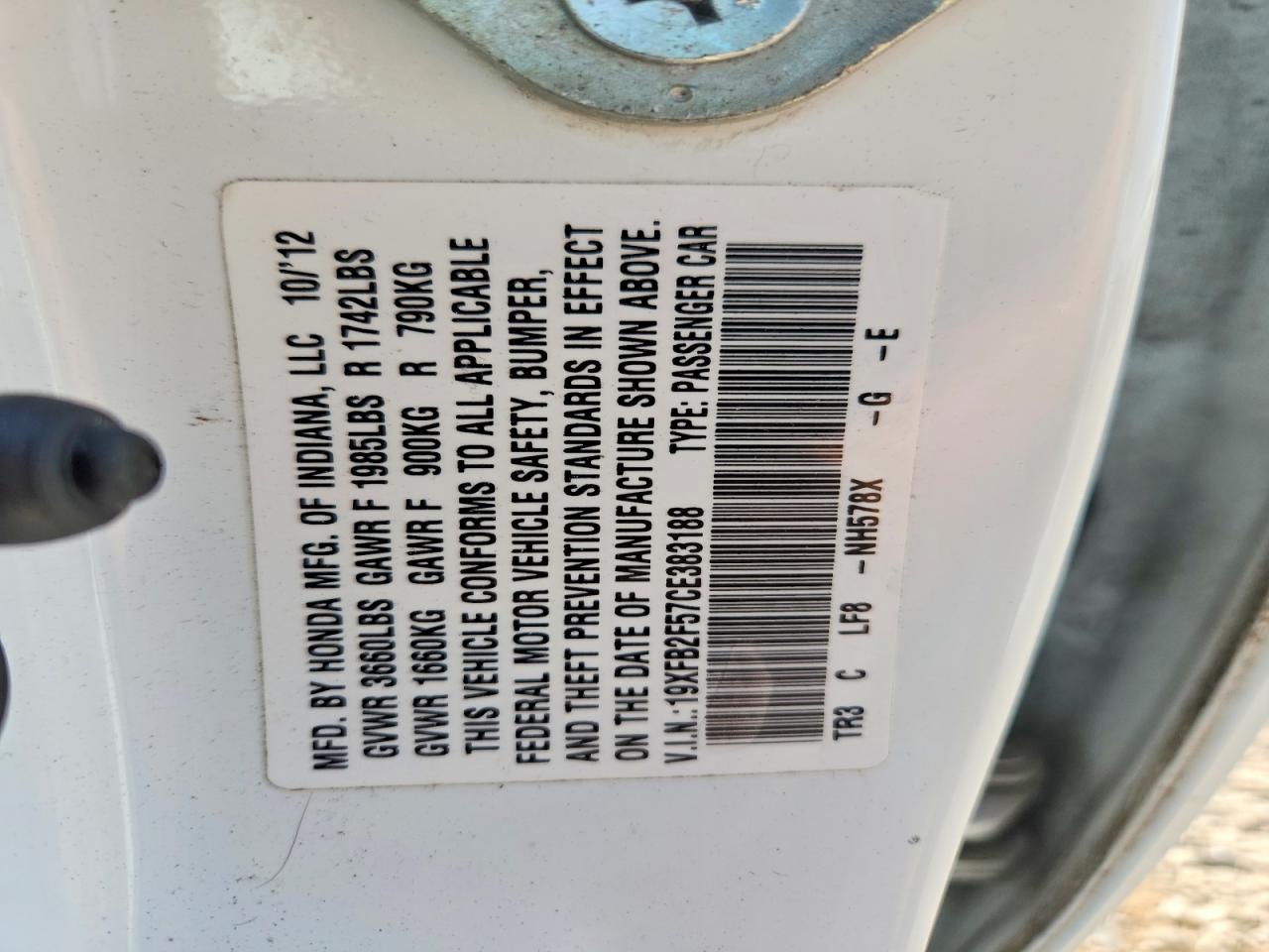 2012 Honda Civic Lx White vin: 19XFB2F57CE383188