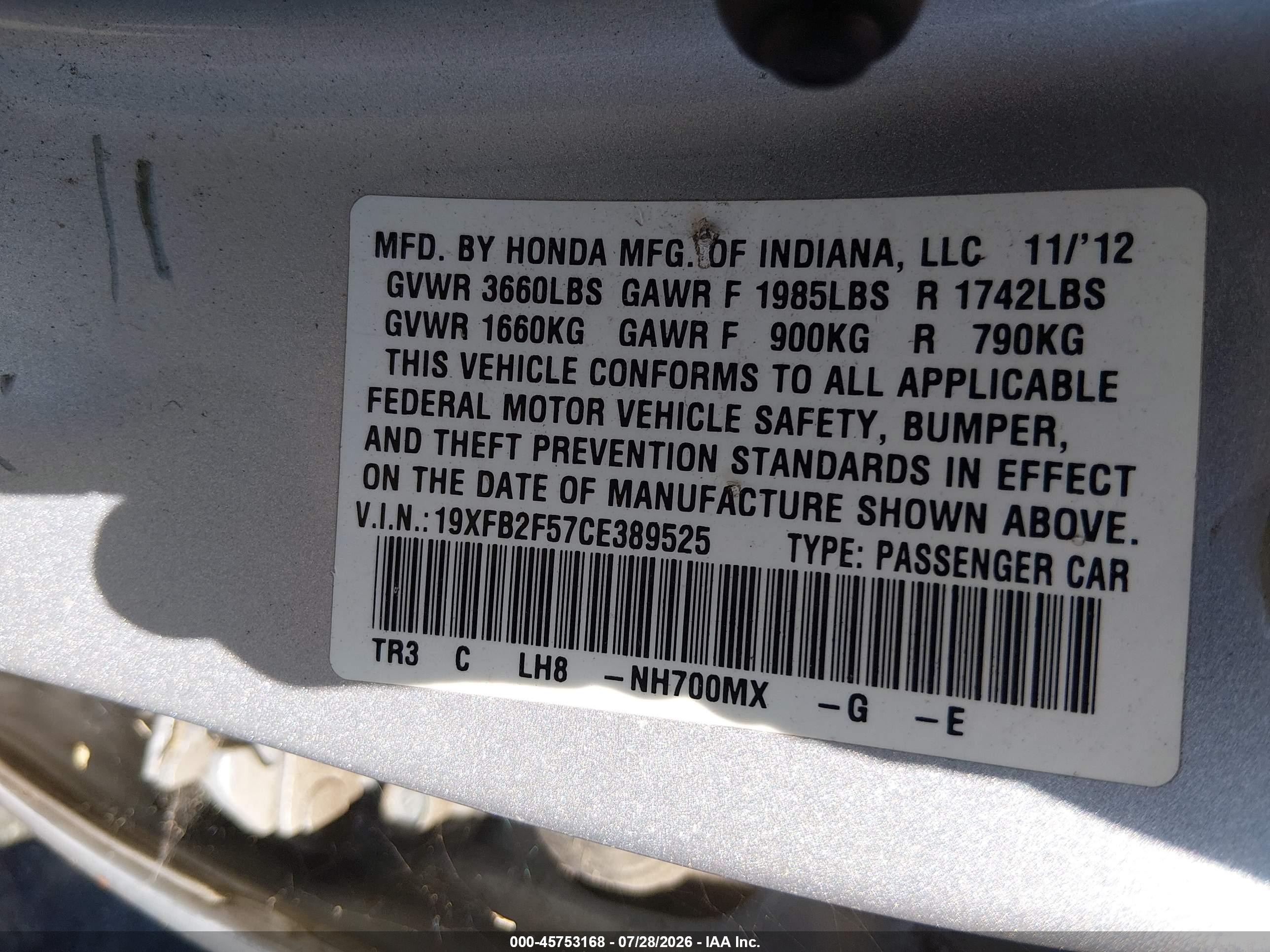 2012 Honda Civic Lx Silver vin: 19XFB2F57CE389525