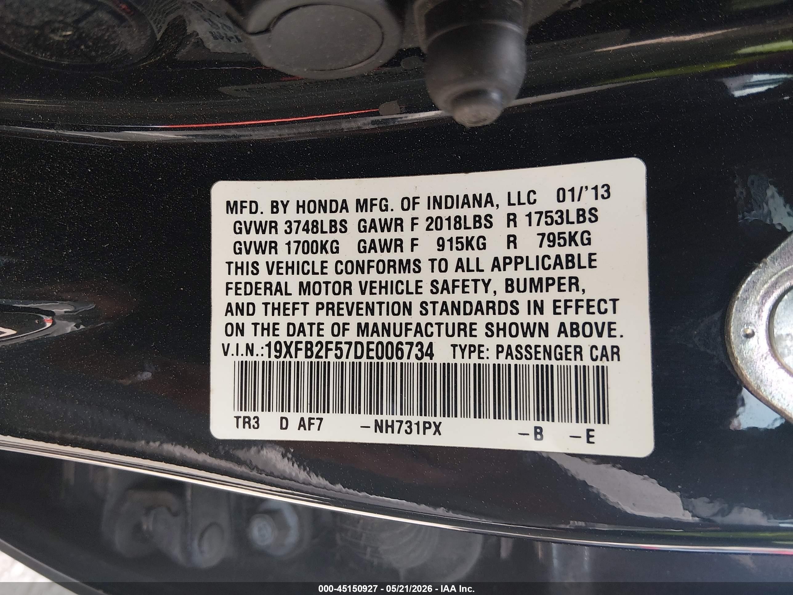 2013 Honda Civic Lx Черный vin: 19XFB2F57DE006734