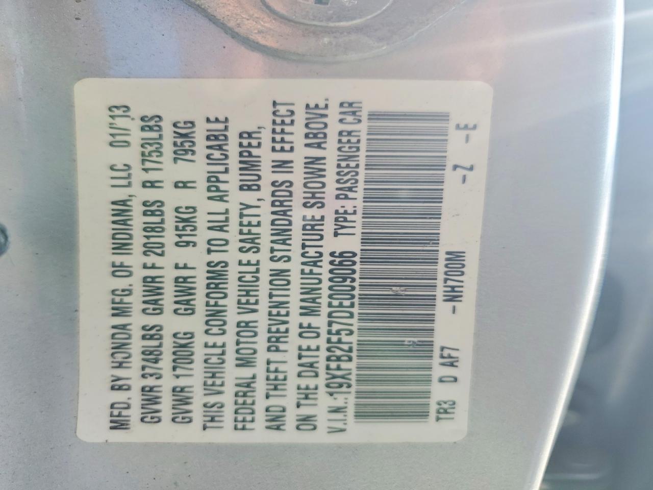 2013 Honda Civic Lx Серебряный vin: 19XFB2F57DE009066