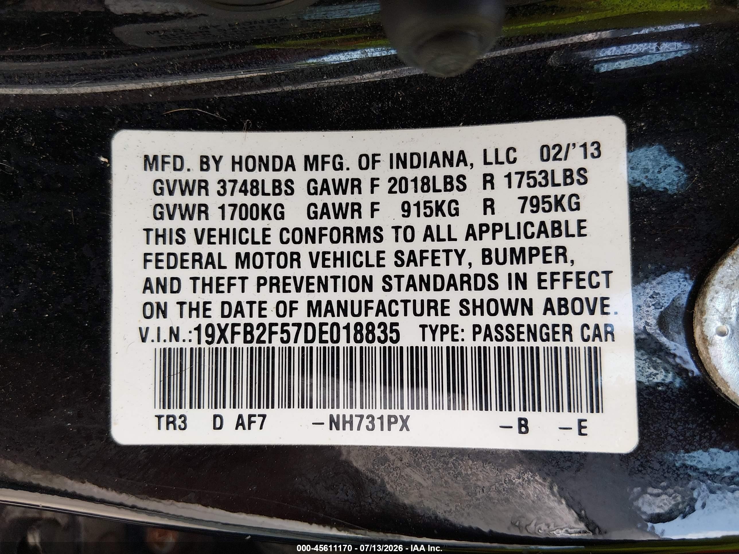 2013 Honda Civic Lx Черный vin: 19XFB2F57DE018835