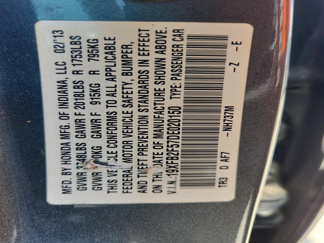 2013 Honda Civic Lx Gray vin: 19XFB2F57DE020150