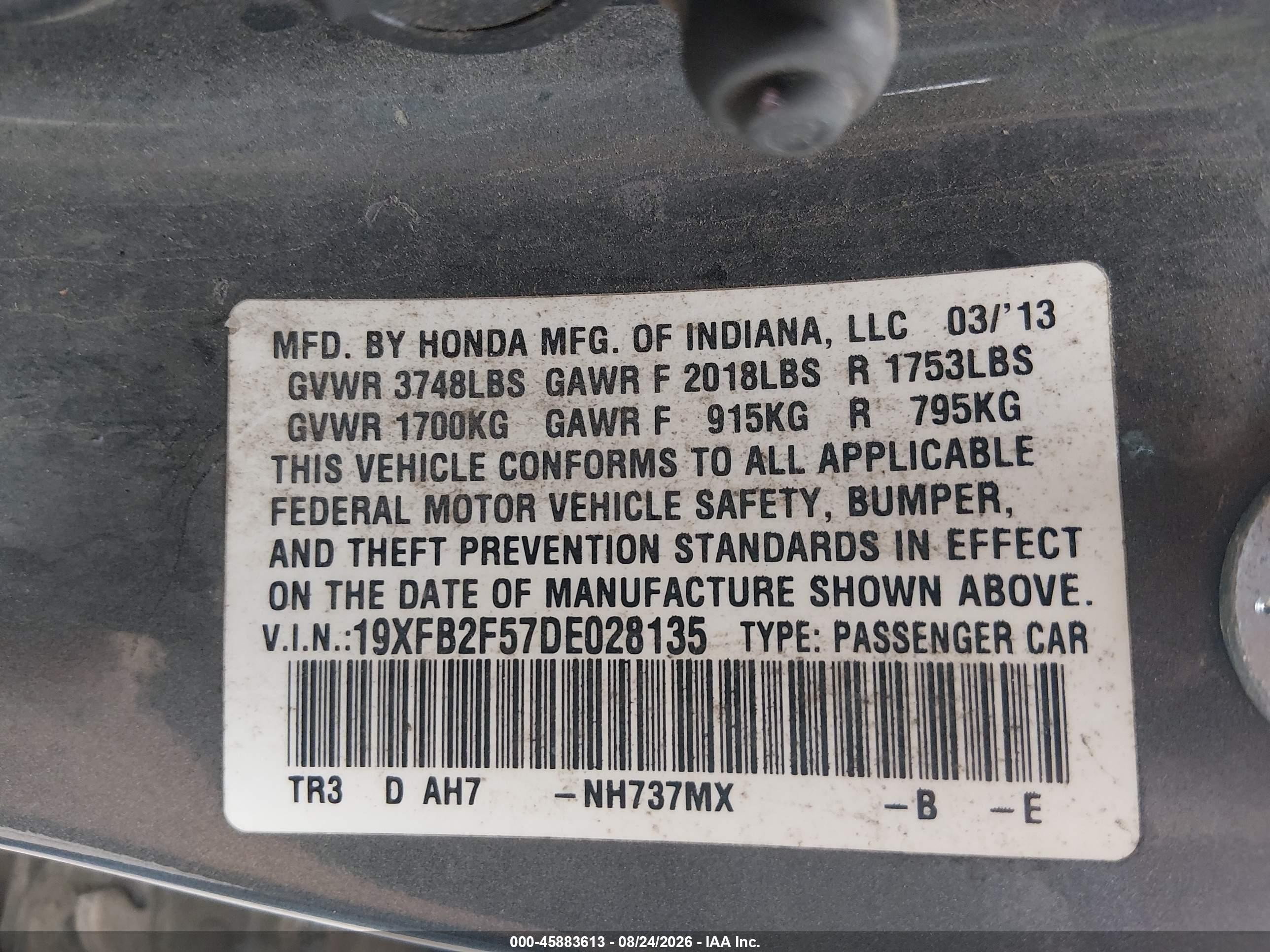 2013 Honda Civic Lx Gray vin: 19XFB2F57DE028135