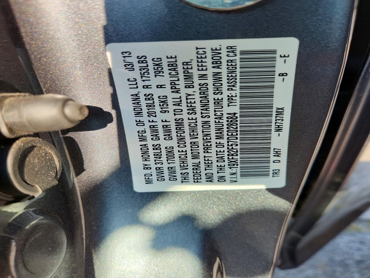 2013 Honda Civic Lx Gray vin: 19XFB2F57DE028684