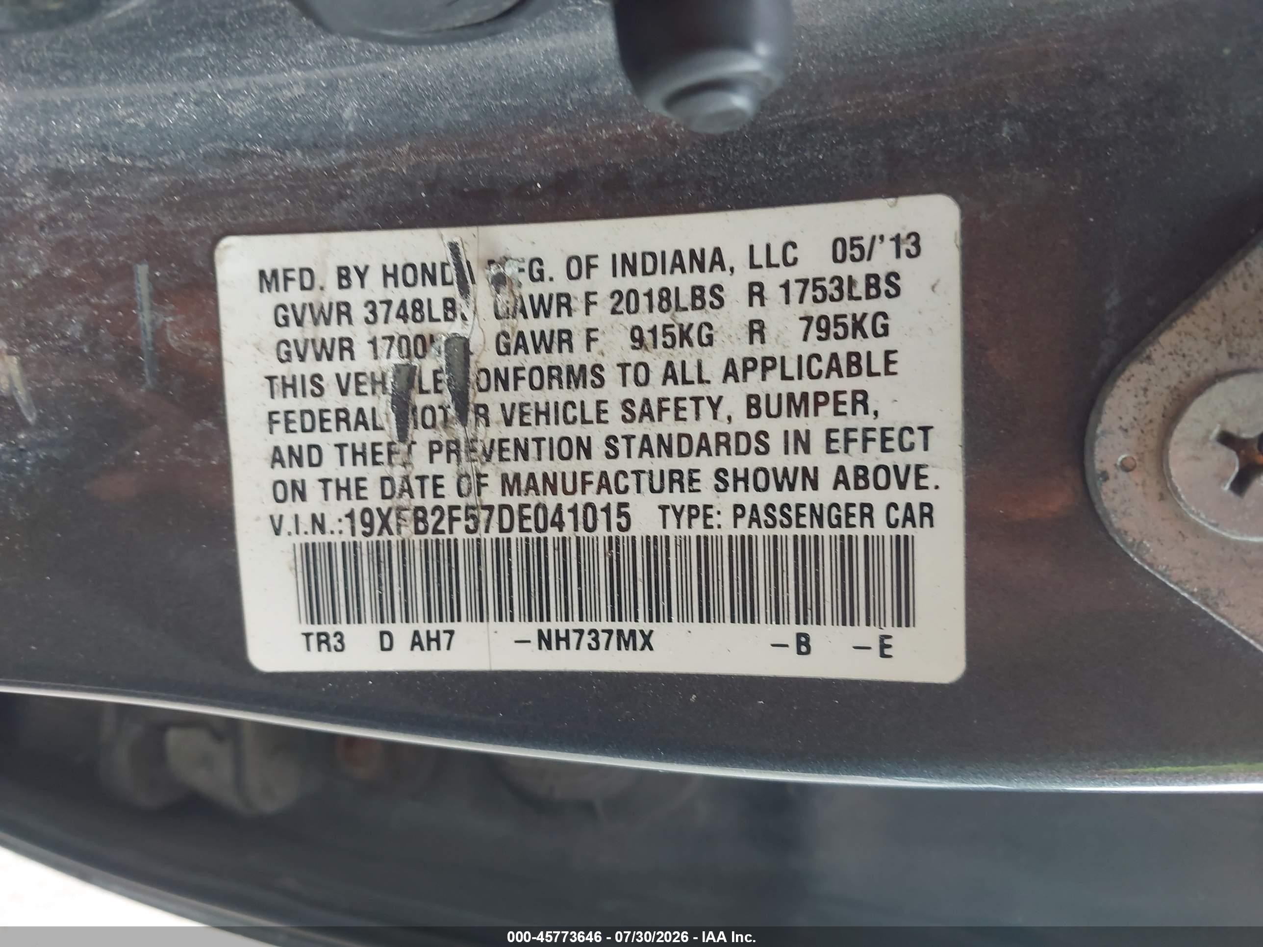 2013 Honda Civic Lx Gray vin: 19XFB2F57DE041015