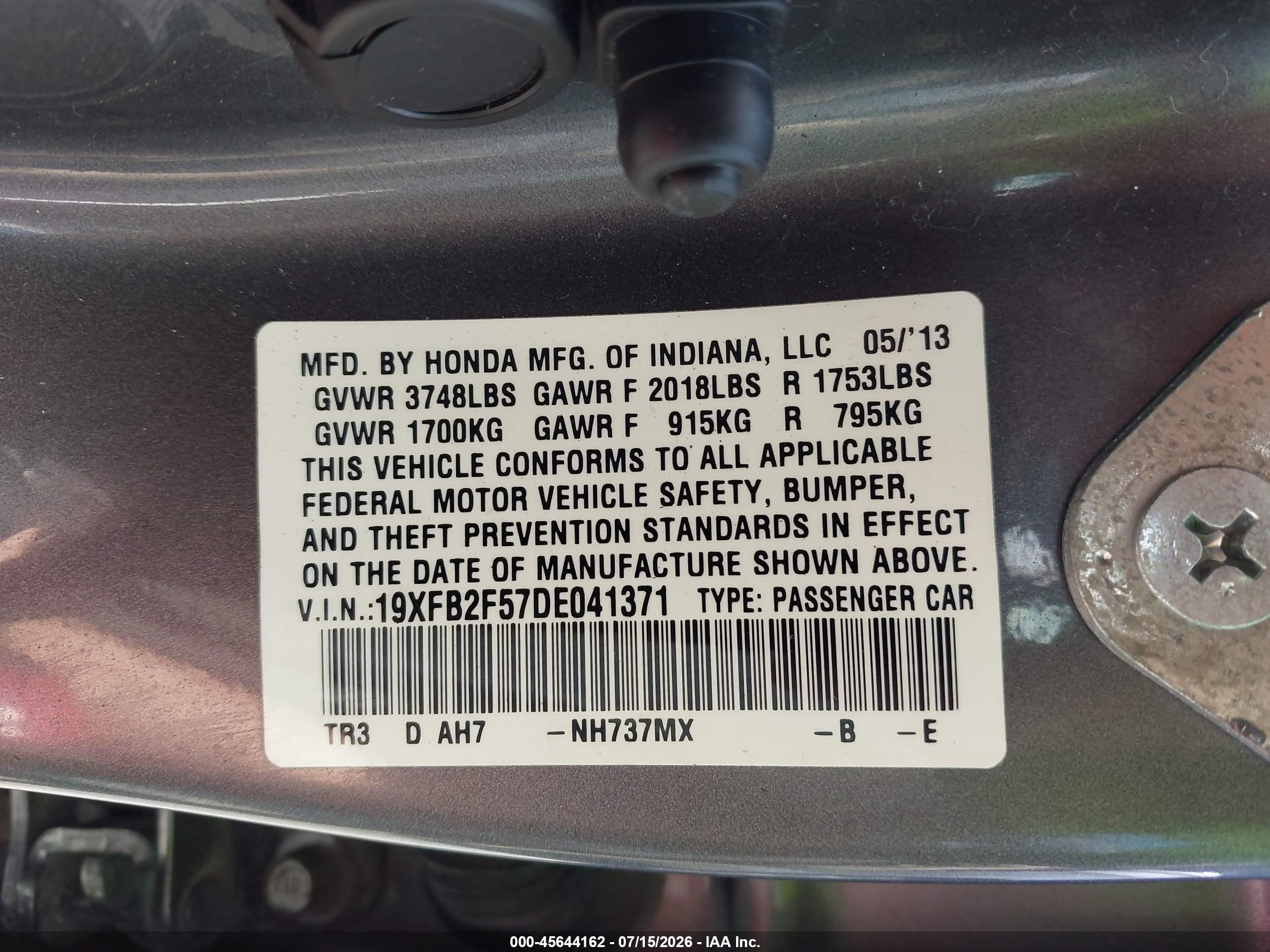 2013 Honda Civic Lx Gray vin: 19XFB2F57DE041371
