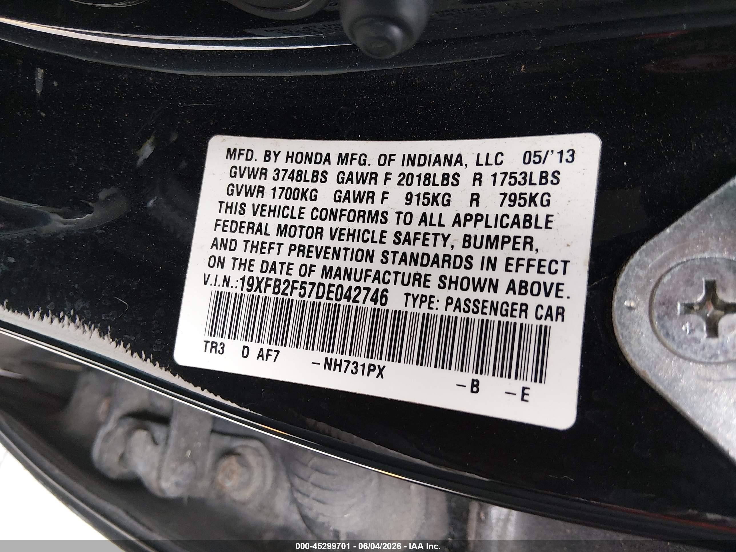 2013 Honda Civic Lx Black vin: 19XFB2F57DE042746