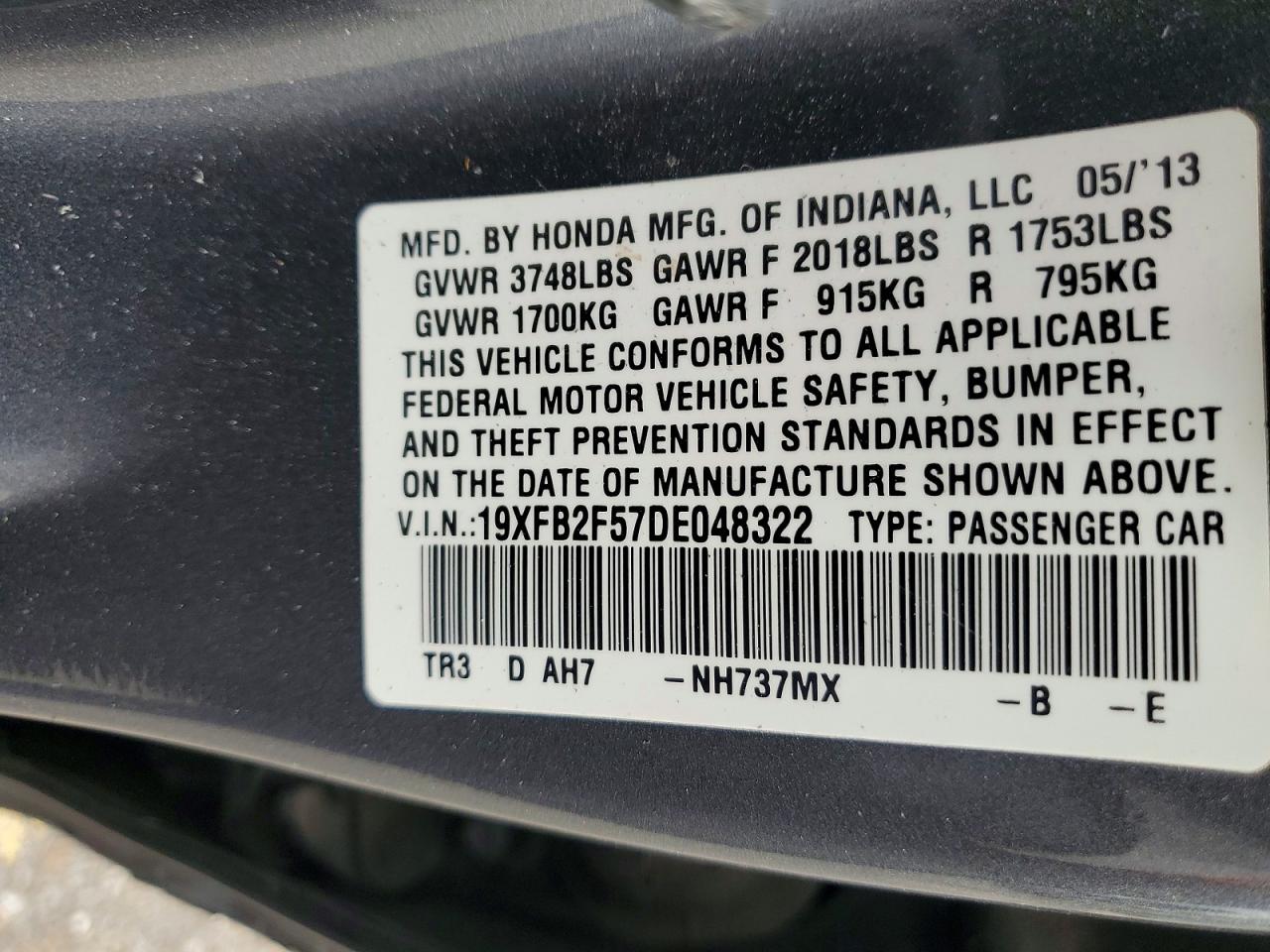 2013 Honda Civic Lx Gray vin: 19XFB2F57DE048322