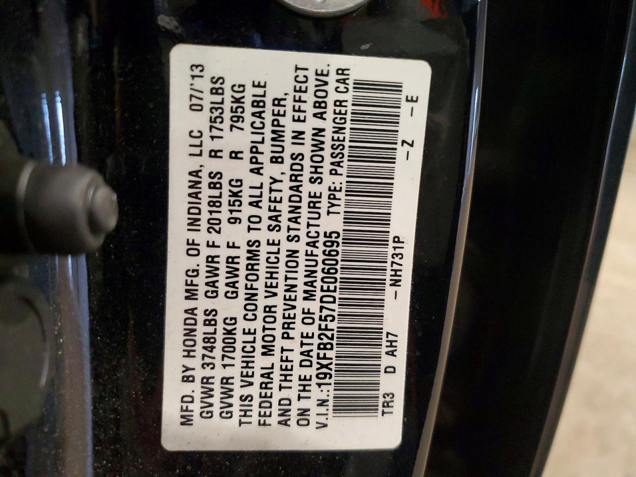 2013 Honda Civic Lx Black vin: 19XFB2F57DE060695