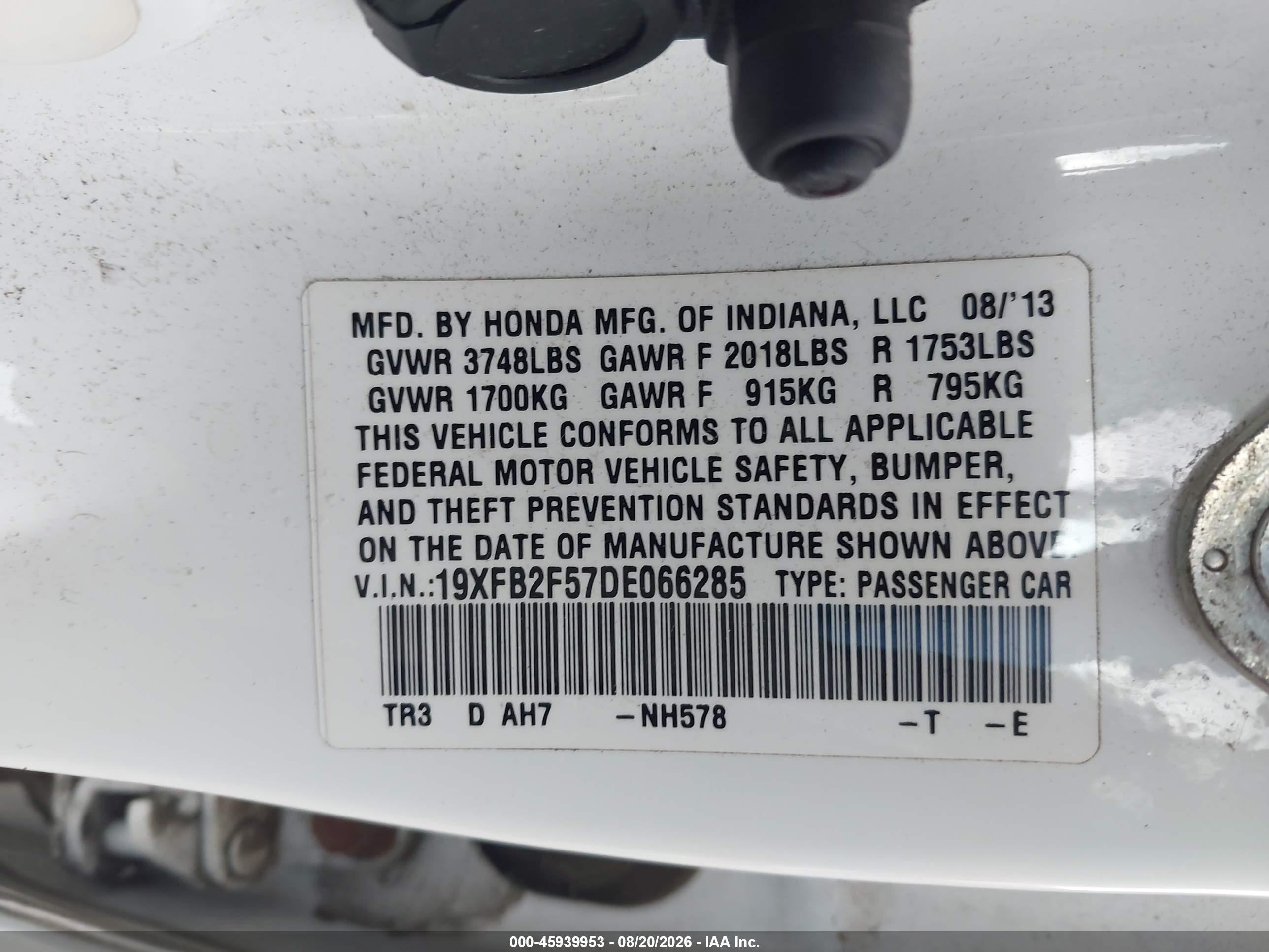 2013 Honda Civic Lx White vin: 19XFB2F57DE066285