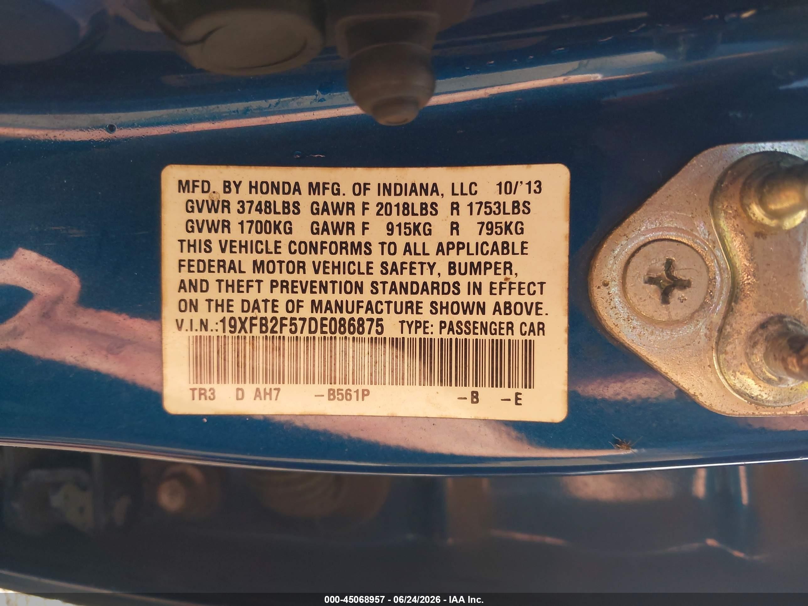2013 Honda Civic Lx Blue vin: 19XFB2F57DE086875