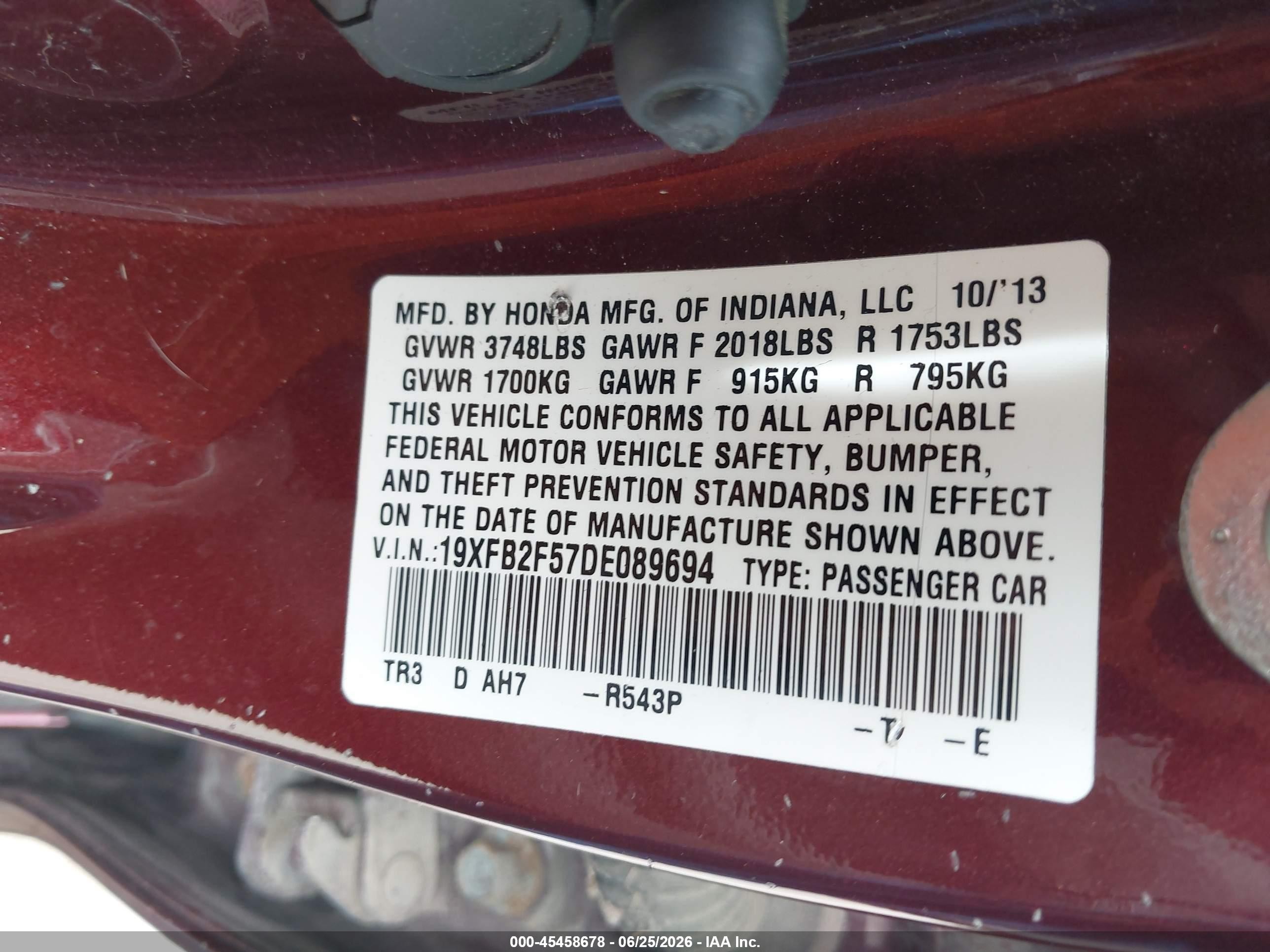 2013 Honda Civic Lx Maroon vin: 19XFB2F57DE089694