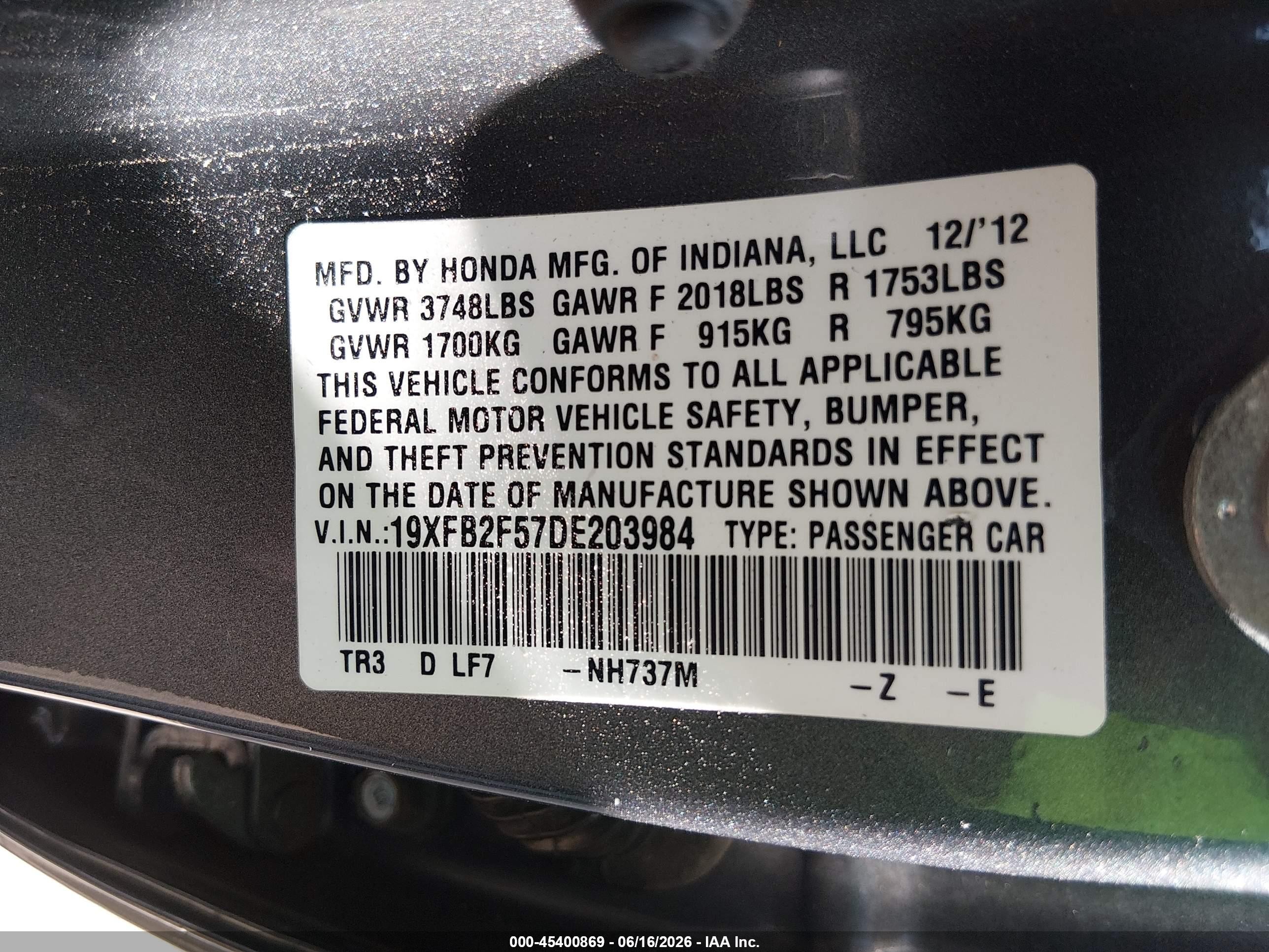 2013 Honda Civic Lx Gray vin: 19XFB2F57DE203984