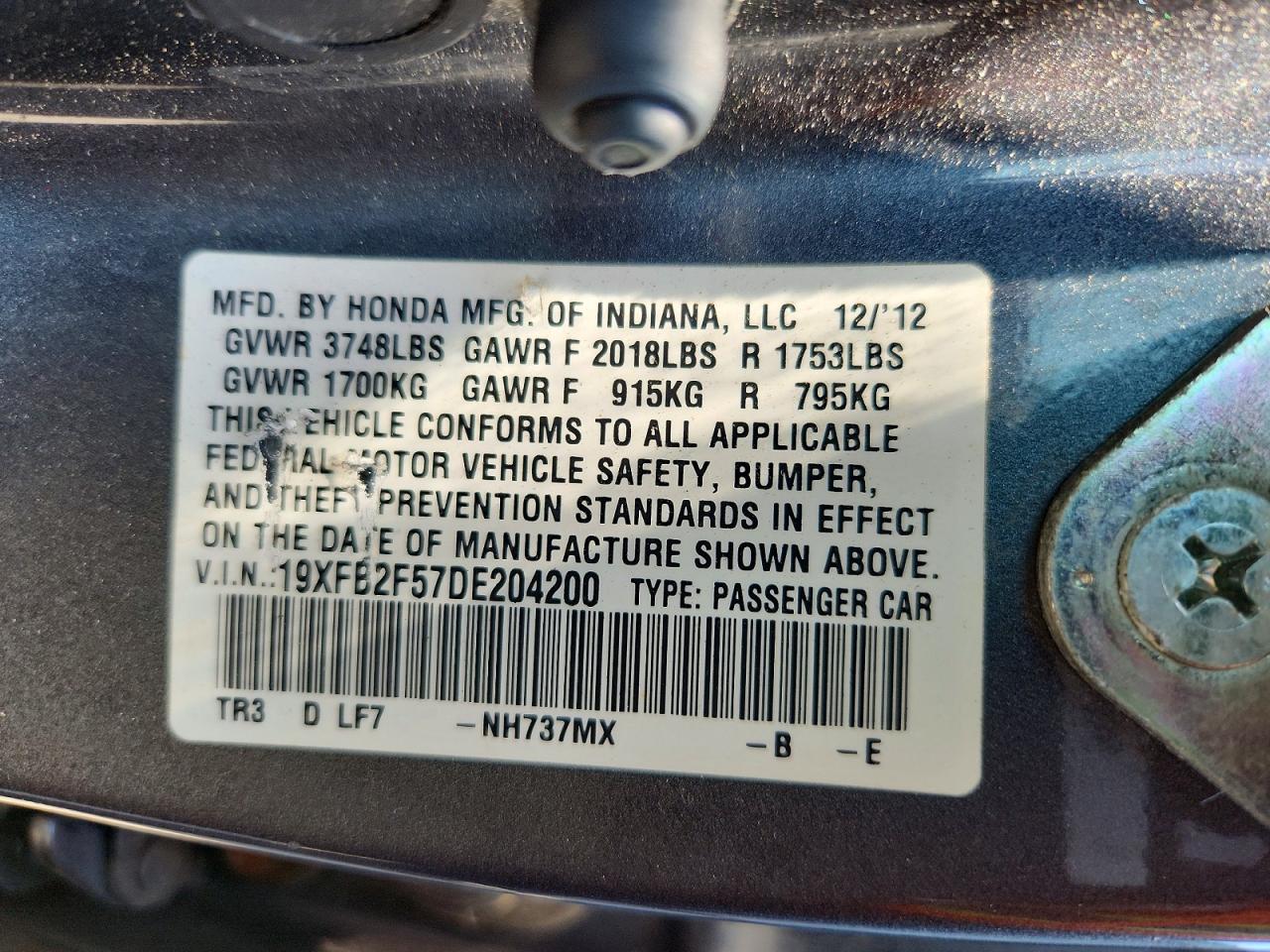 2013 Honda Civic Lx Gray vin: 19XFB2F57DE204200