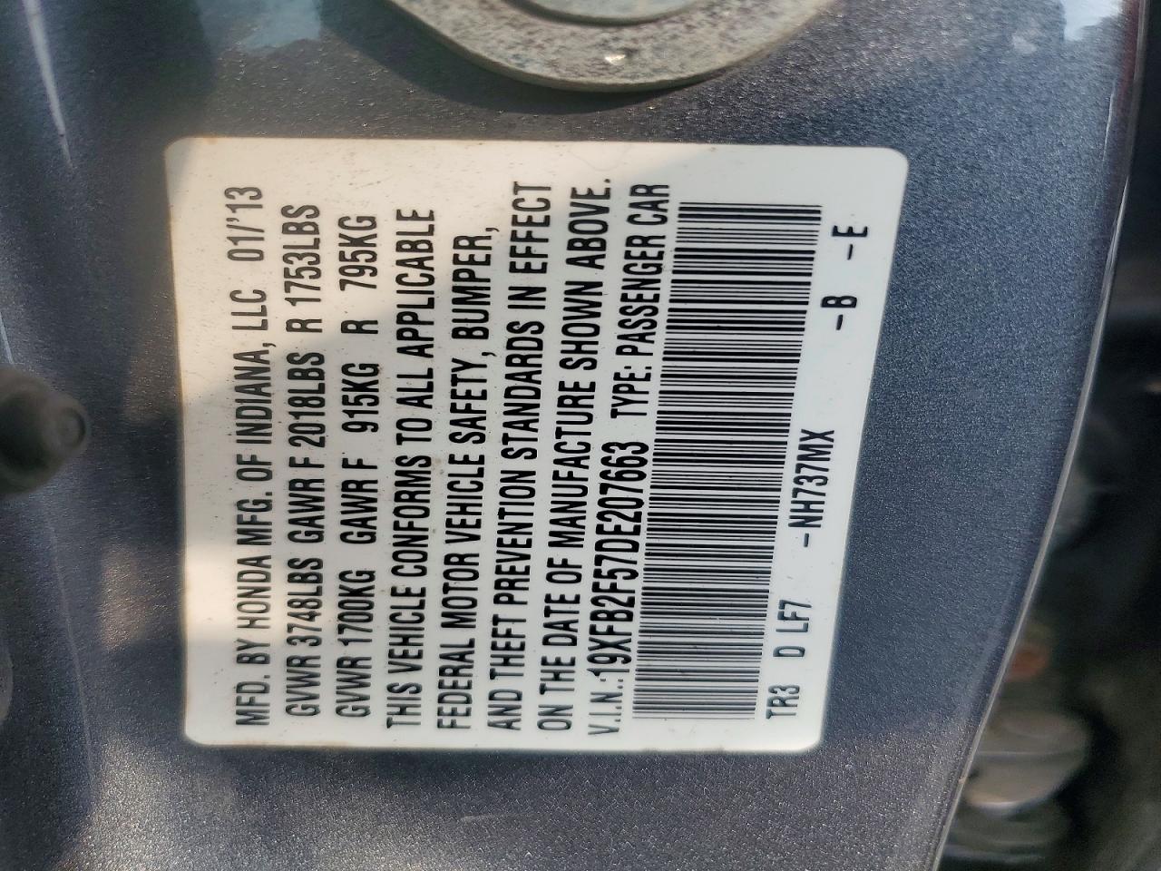 2013 Honda Civic Lx Gray vin: 19XFB2F57DE207663