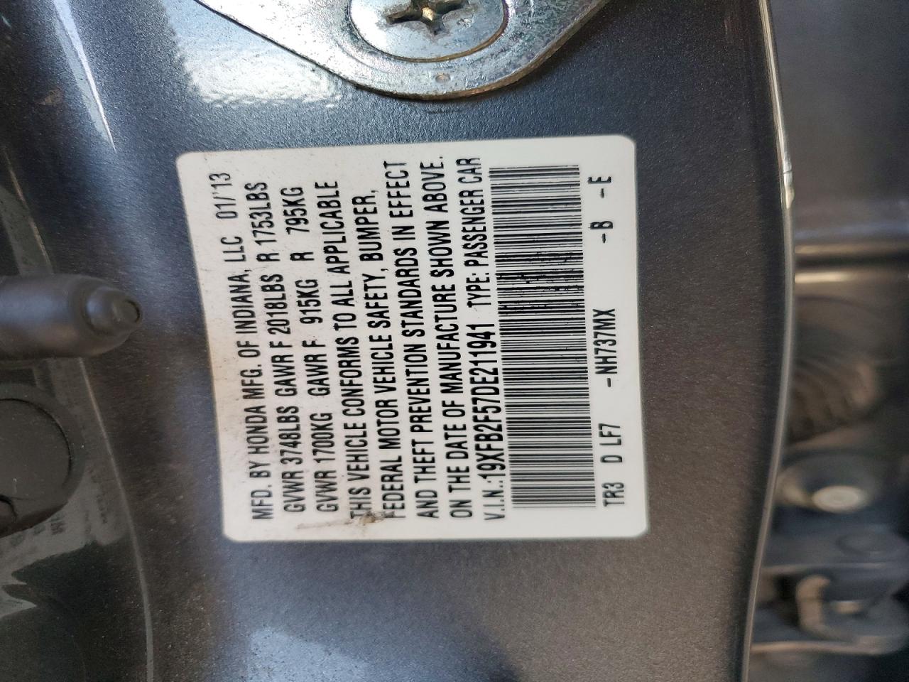 2013 Honda Civic Lx Gray vin: 19XFB2F57DE211941