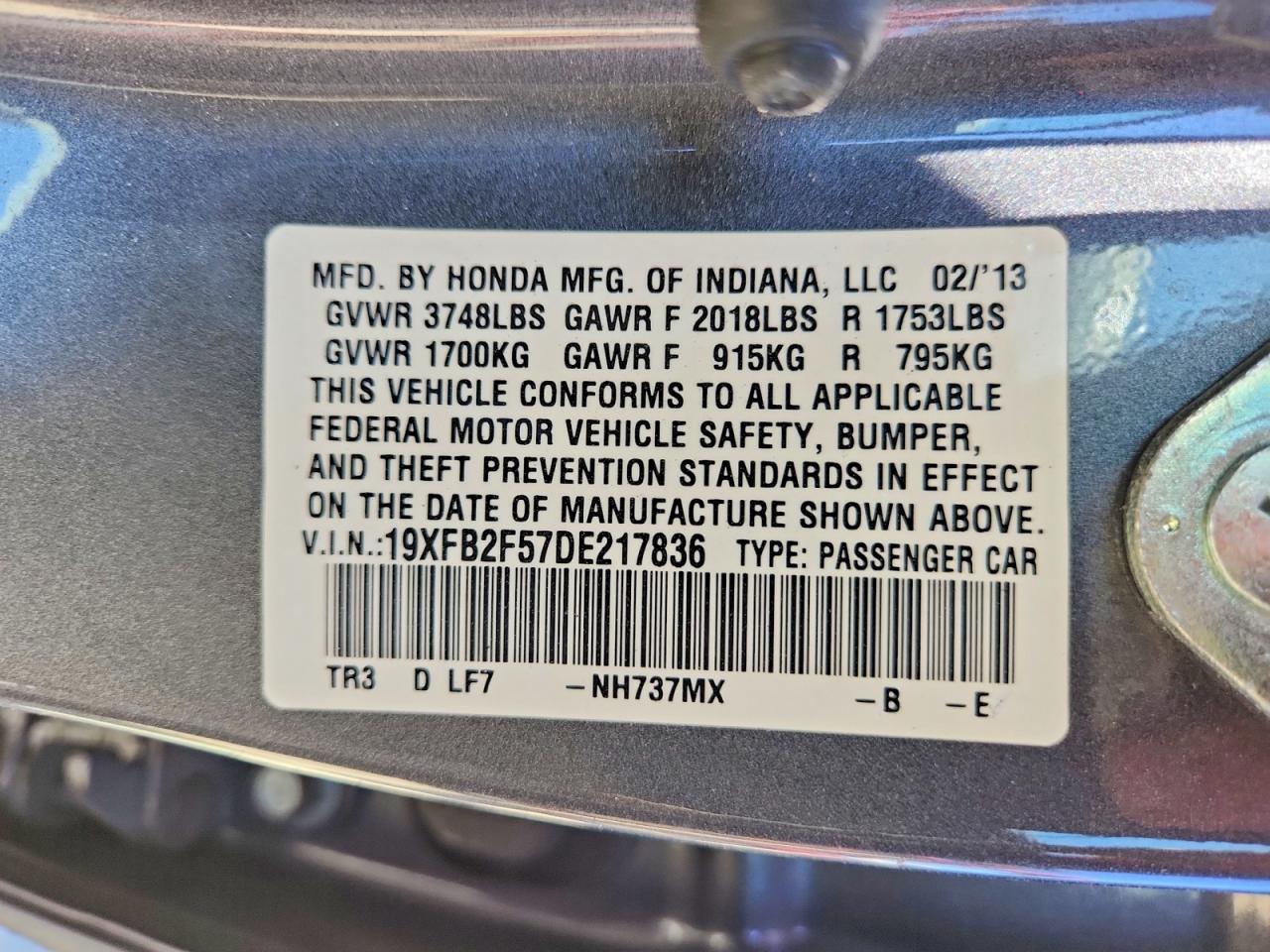 2013 Honda Civic Lx Gray vin: 19XFB2F57DE217836