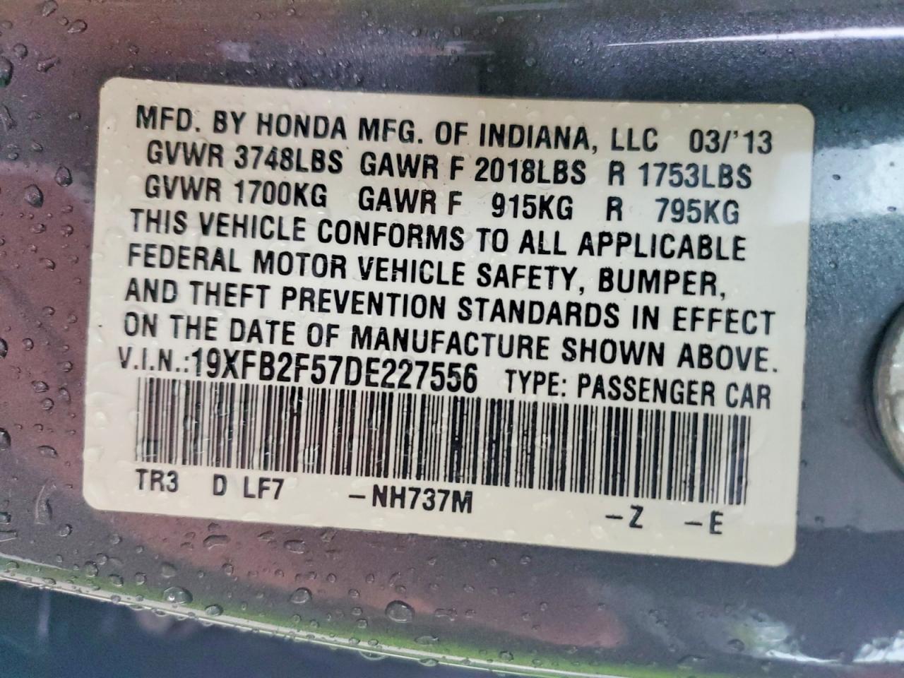2013 Honda Civic Lx Gray vin: 19XFB2F57DE227556