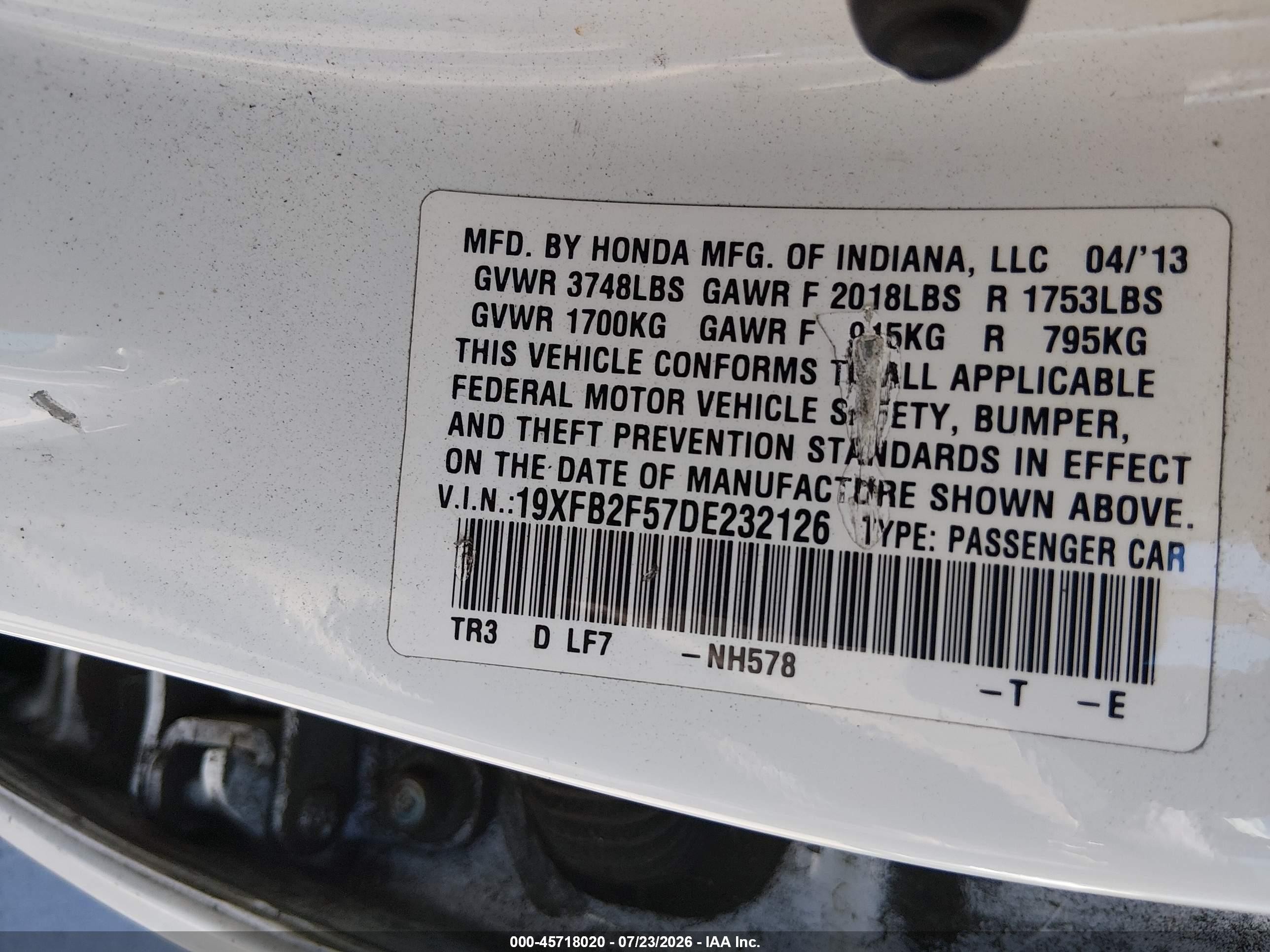 2013 Honda Civic Lx White vin: 19XFB2F57DE232126