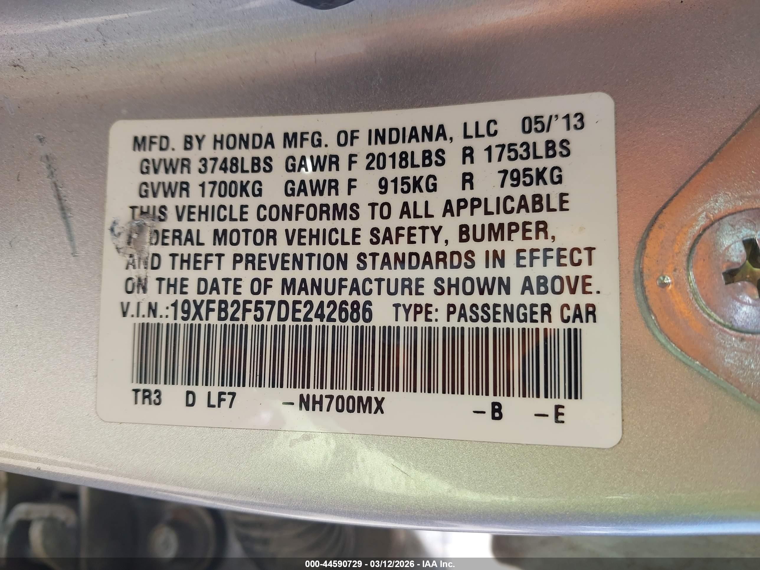 2013 Honda Civic Lx Silver vin: 19XFB2F57DE242686