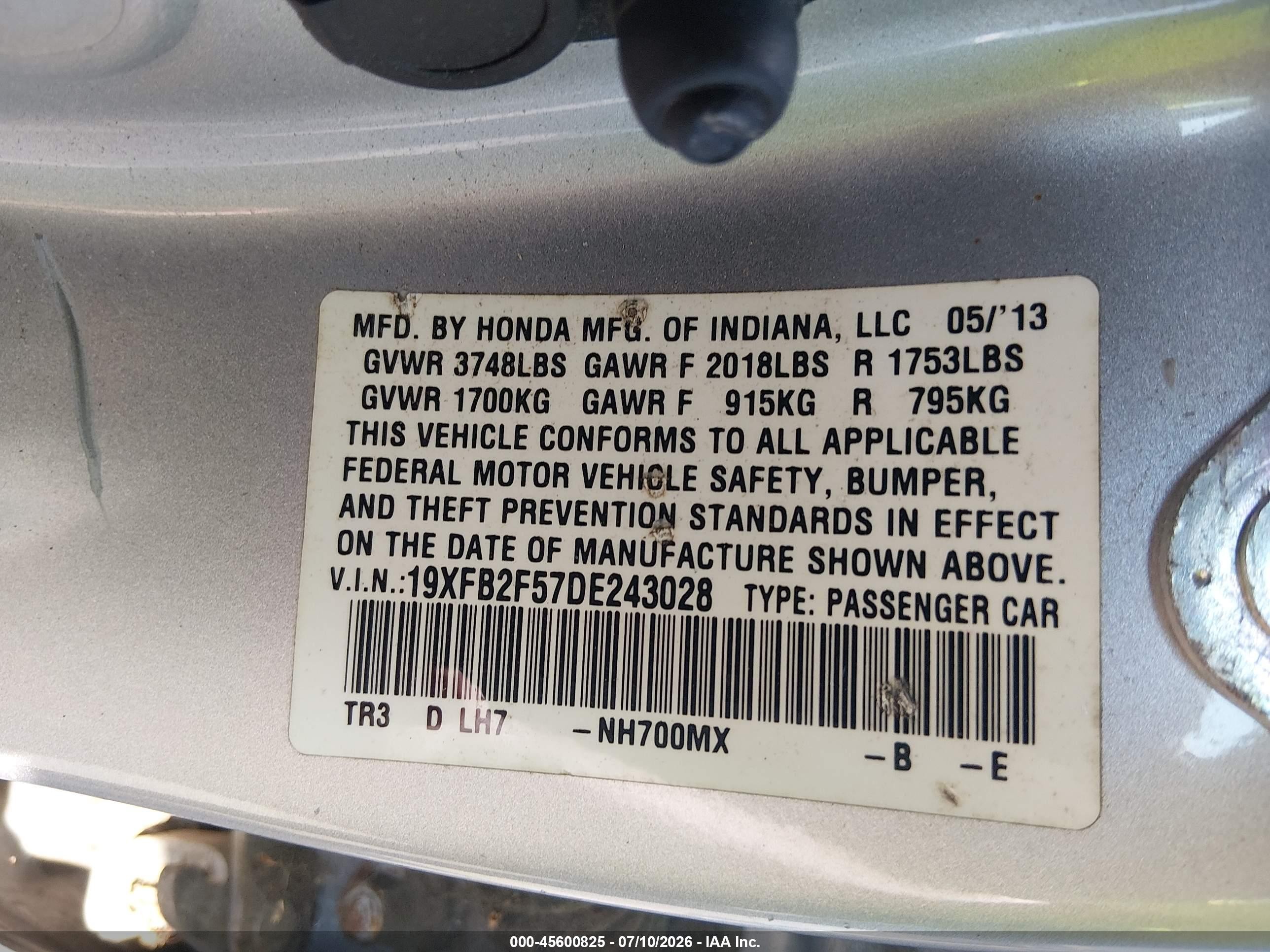 2013 Honda Civic Lx Silver vin: 19XFB2F57DE243028