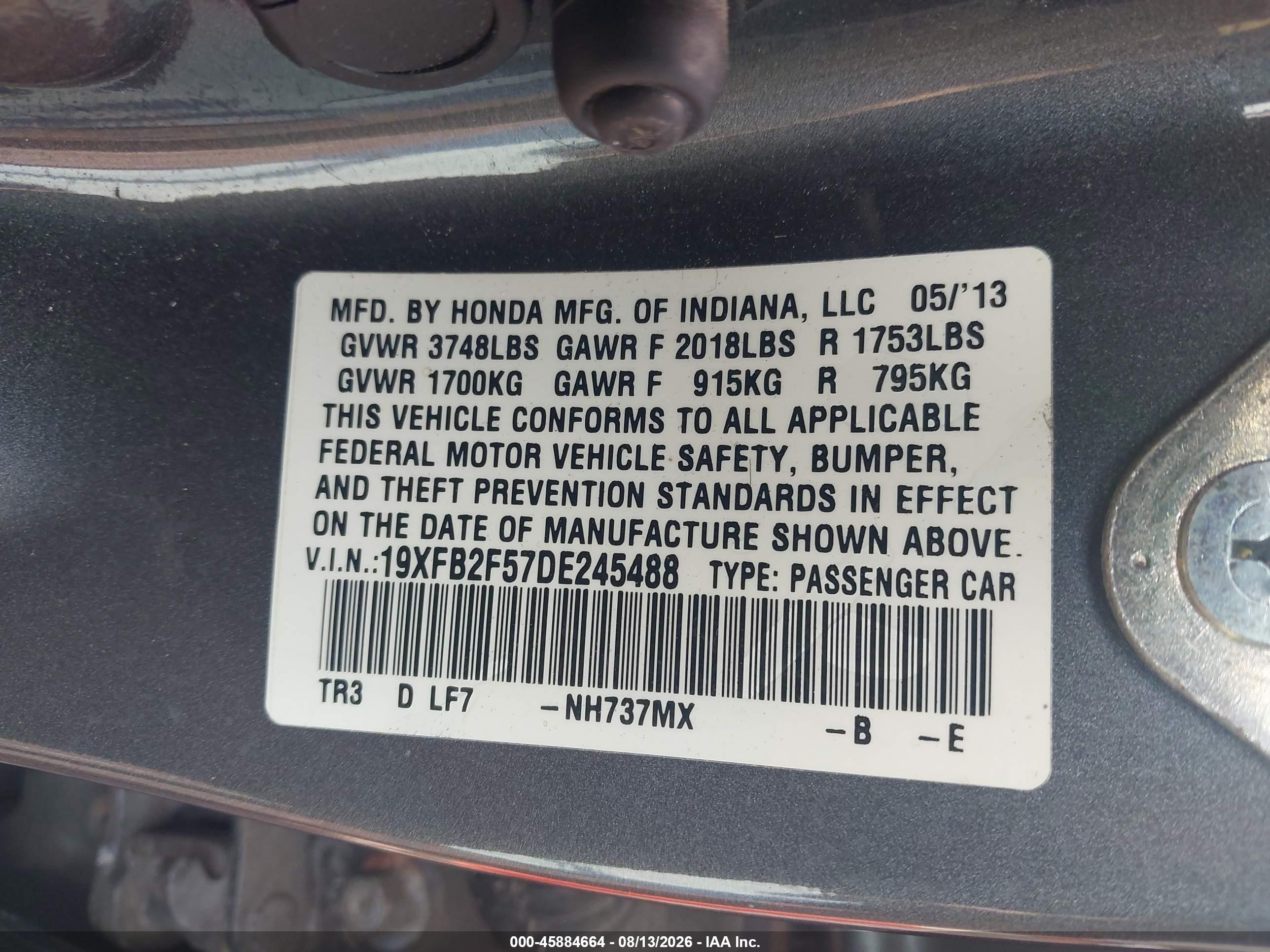 2013 Honda Civic Lx Серый vin: 19XFB2F57DE245488
