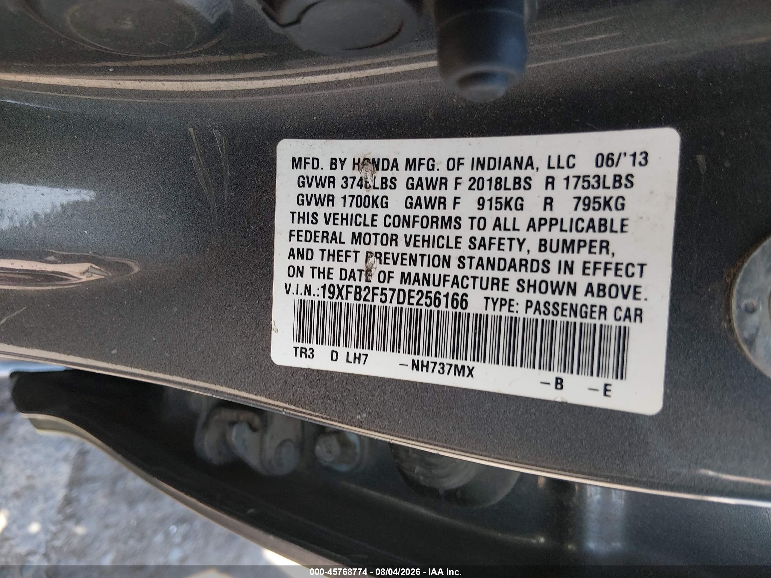 2013 Honda Civic Lx Gray vin: 19XFB2F57DE256166