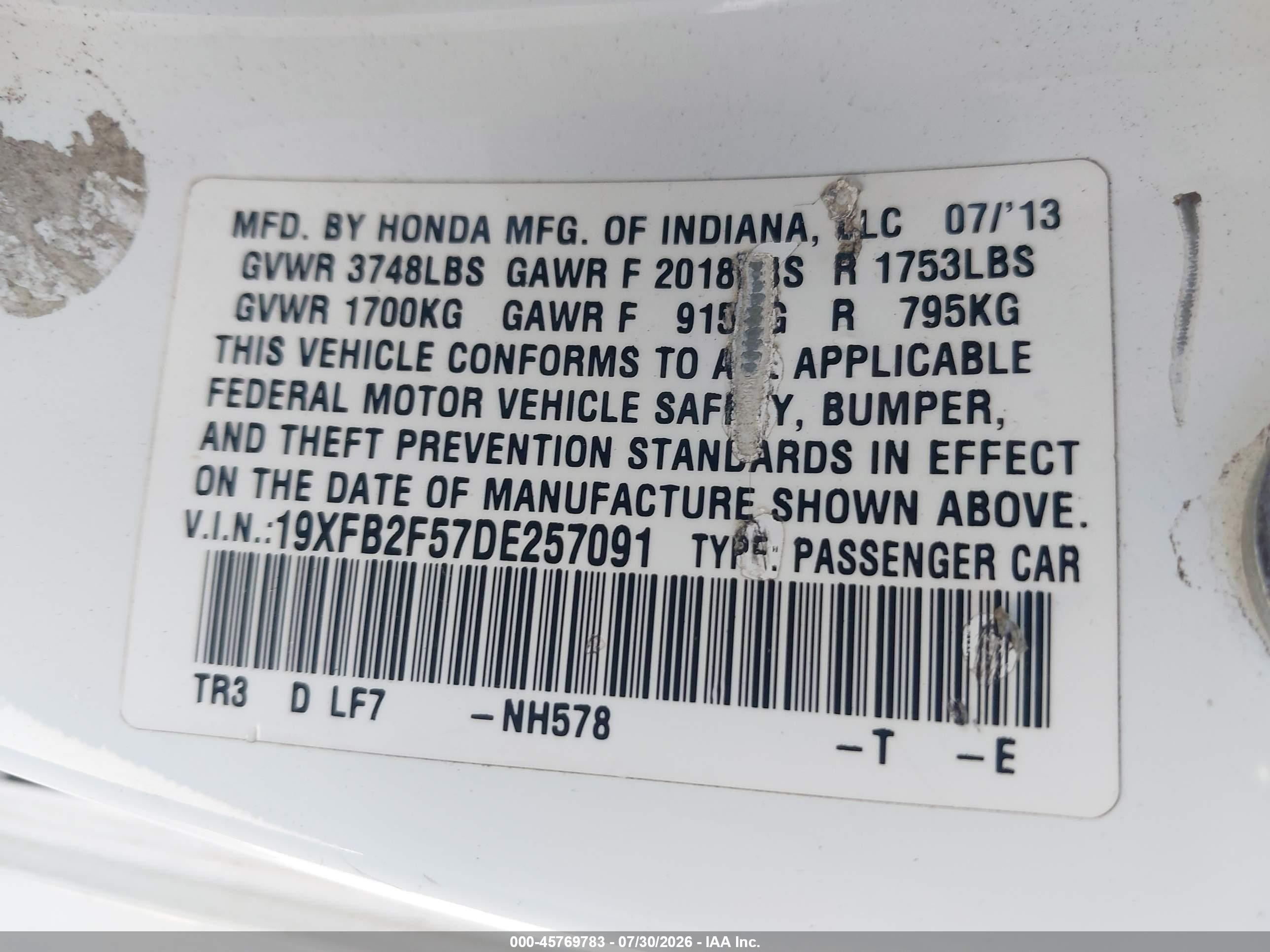 2013 Honda Civic Lx White vin: 19XFB2F57DE257091