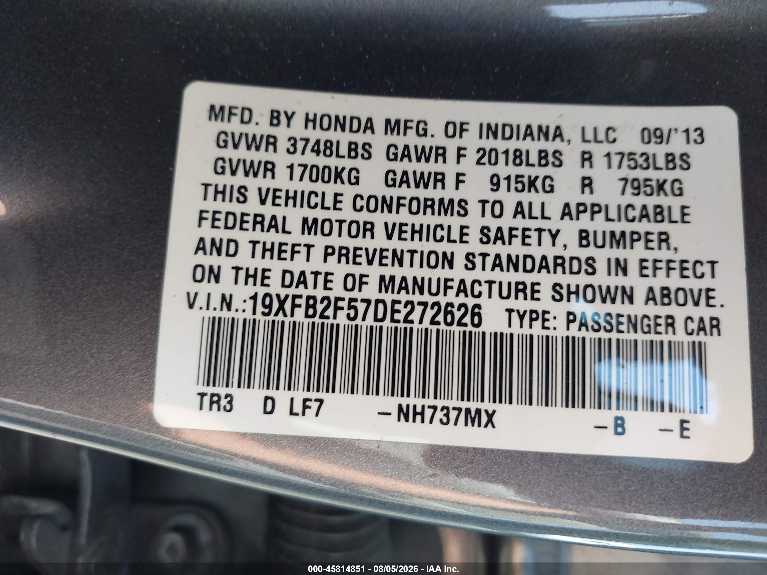 2013 Honda Civic Lx Gray vin: 19XFB2F57DE272626