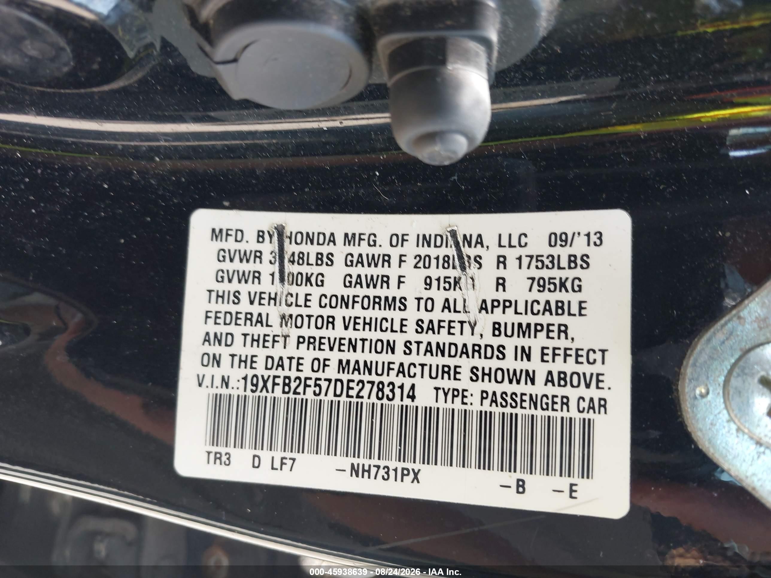 2013 Honda Civic Lx Black vin: 19XFB2F57DE278314