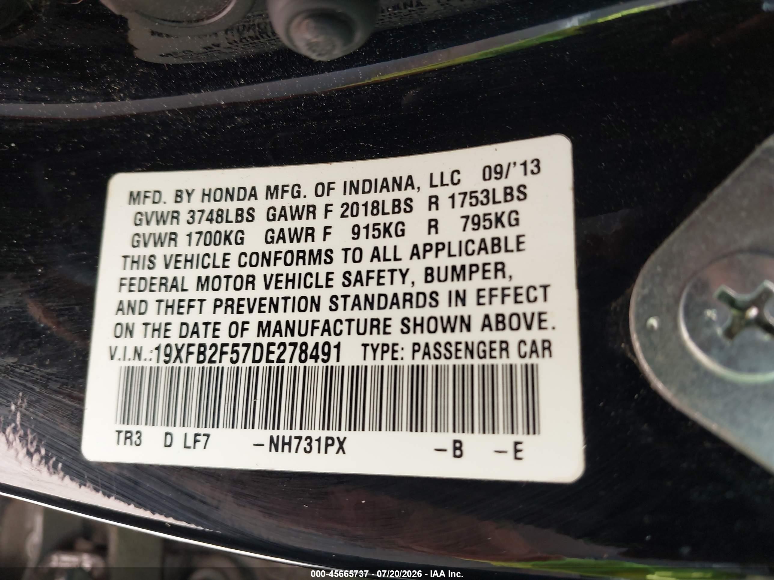 2013 Honda Civic Lx Black vin: 19XFB2F57DE278491