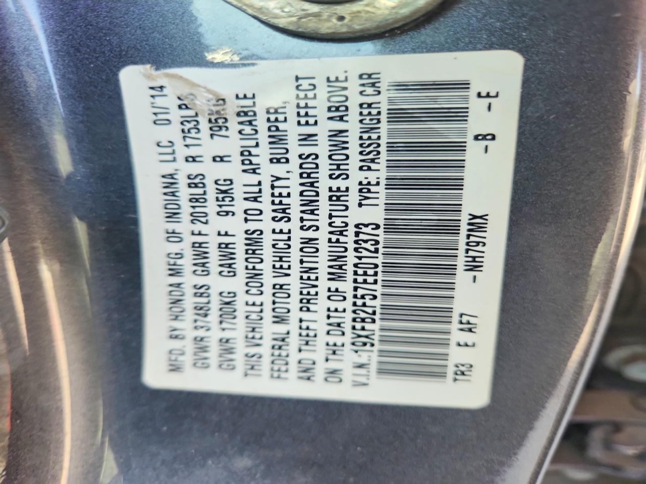 2014 Honda Civic Lx Gray vin: 19XFB2F57EE012373